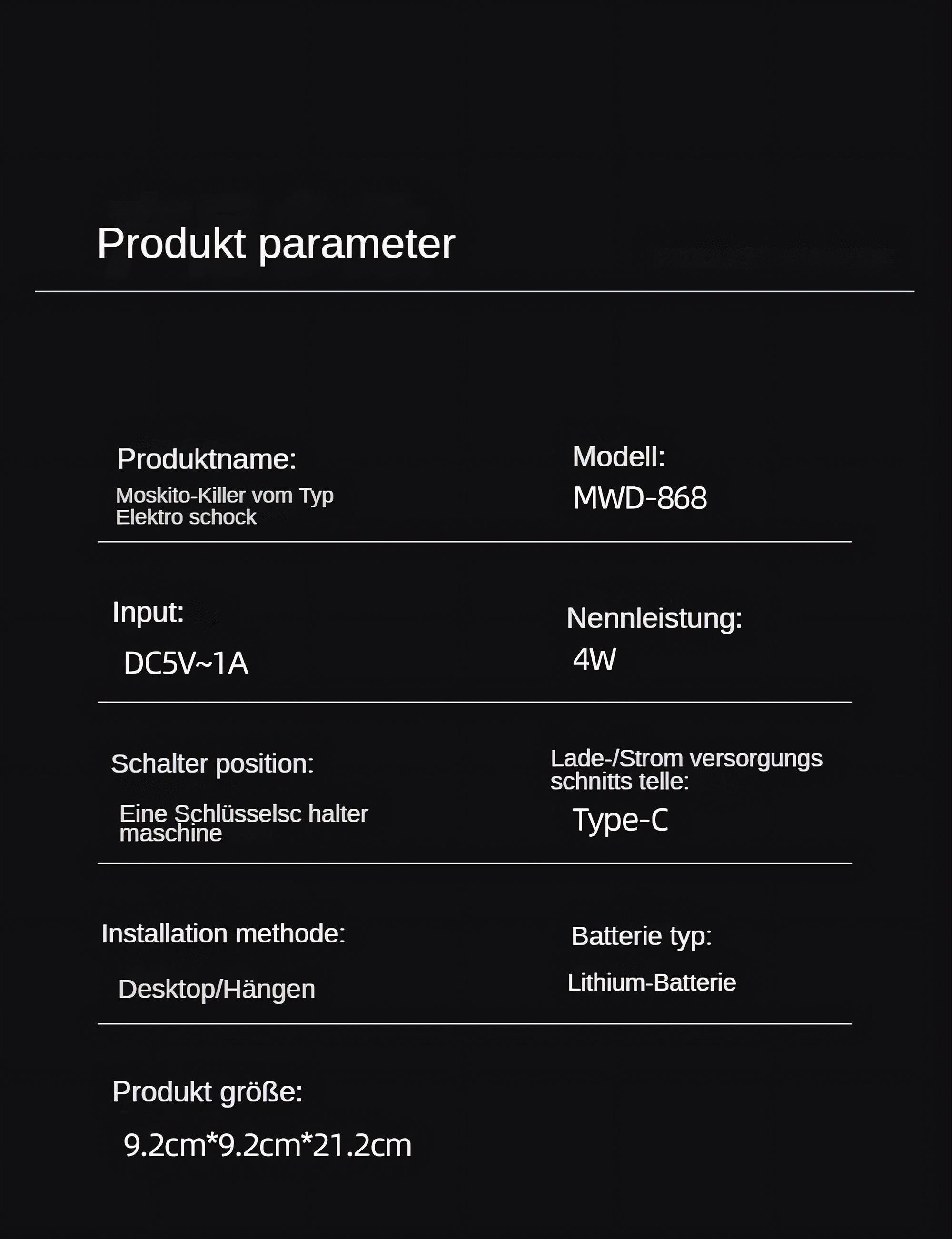 Schwarzer Hintergrund mit weißem Text, der Produktparameter wie Name, Modell, Input, Leistung, Schalterposition und Batterietyp auflistet.