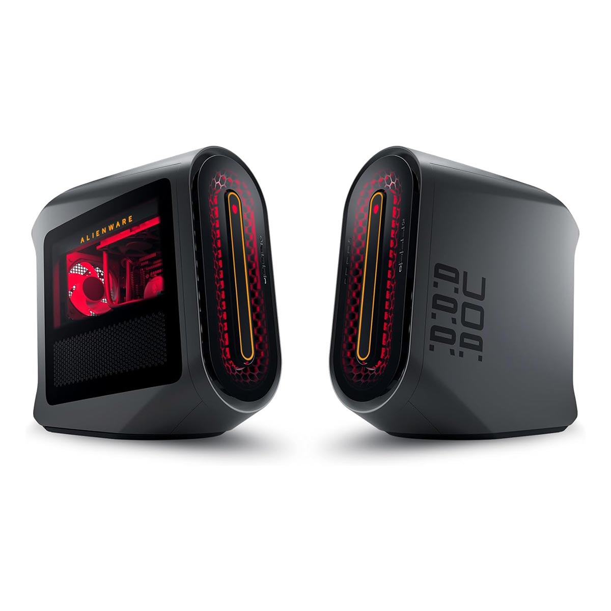 Dwa komputery do gier Alienware, czarne z czerwonymi światłami wewnętrznymi. Jeden wyświetla wnętrze. Drugi wyświetla tekst z boku.