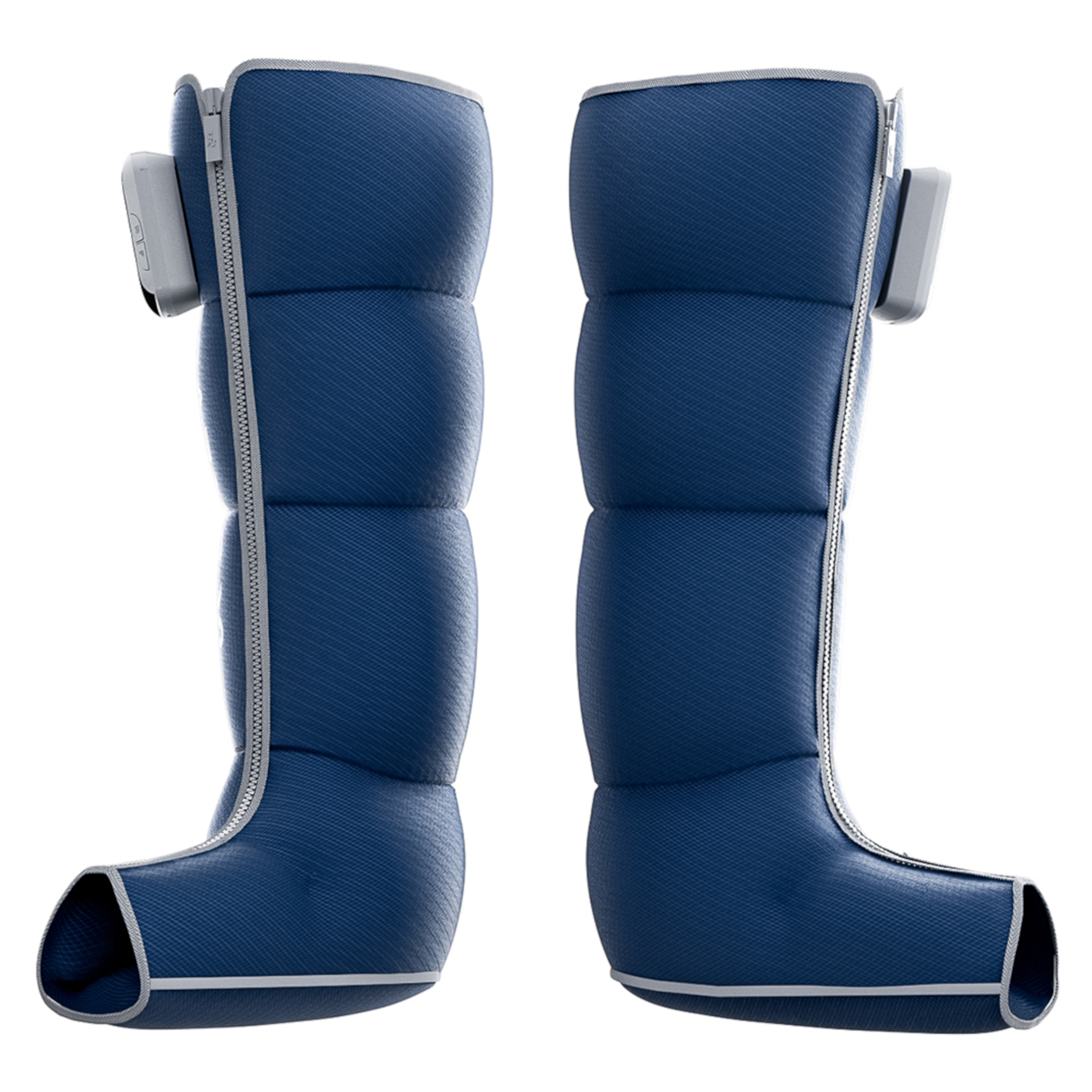 Zwei blaue Bein-Kompressionsstiefel mit Reißverschlüssen und angebrachten Bedieneinheiten, auf weißem Hintergrund.