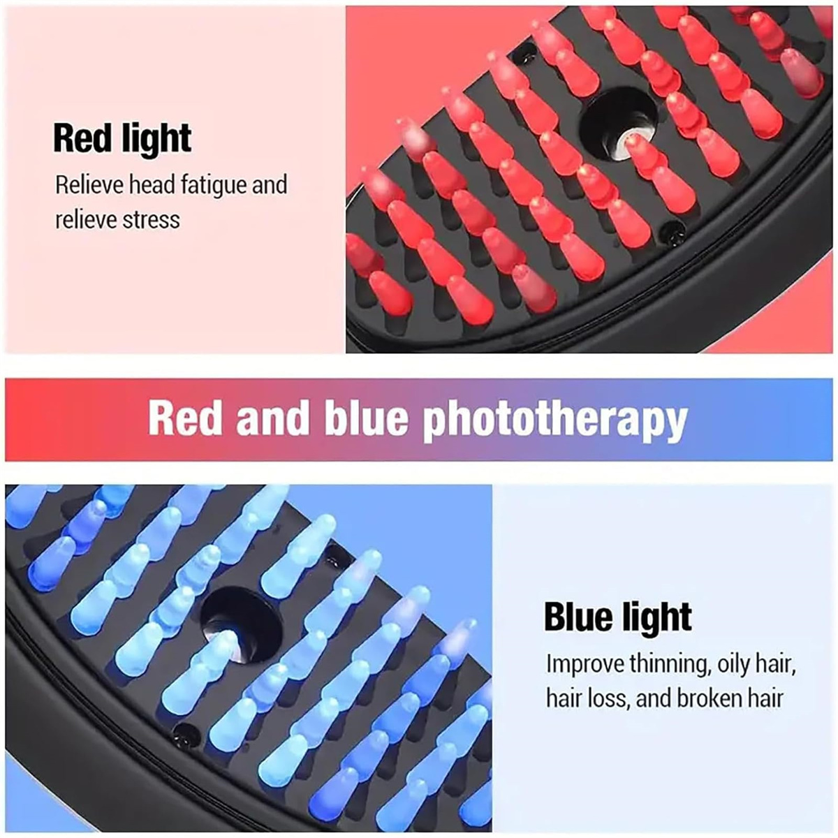 Das Bild zeigt ein Haarbehandlungsgerät mit roten und blauen Lichtern. Es soll Müdigkeit und Stress lindern und die Haare verbessern.