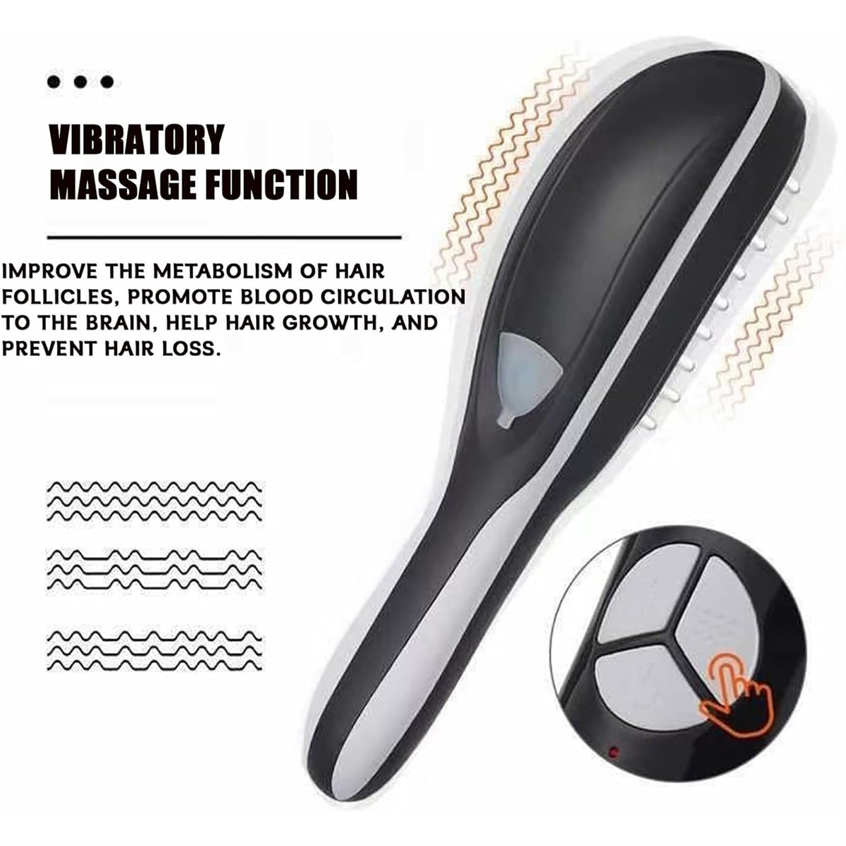 Schwarzes und weißes Haarmassagegerät mit Steuertasten. Text: Vibrationsmassagefunktion, Verbesserung des Haarwuchses, Vorbeugung von Haarausfall.
