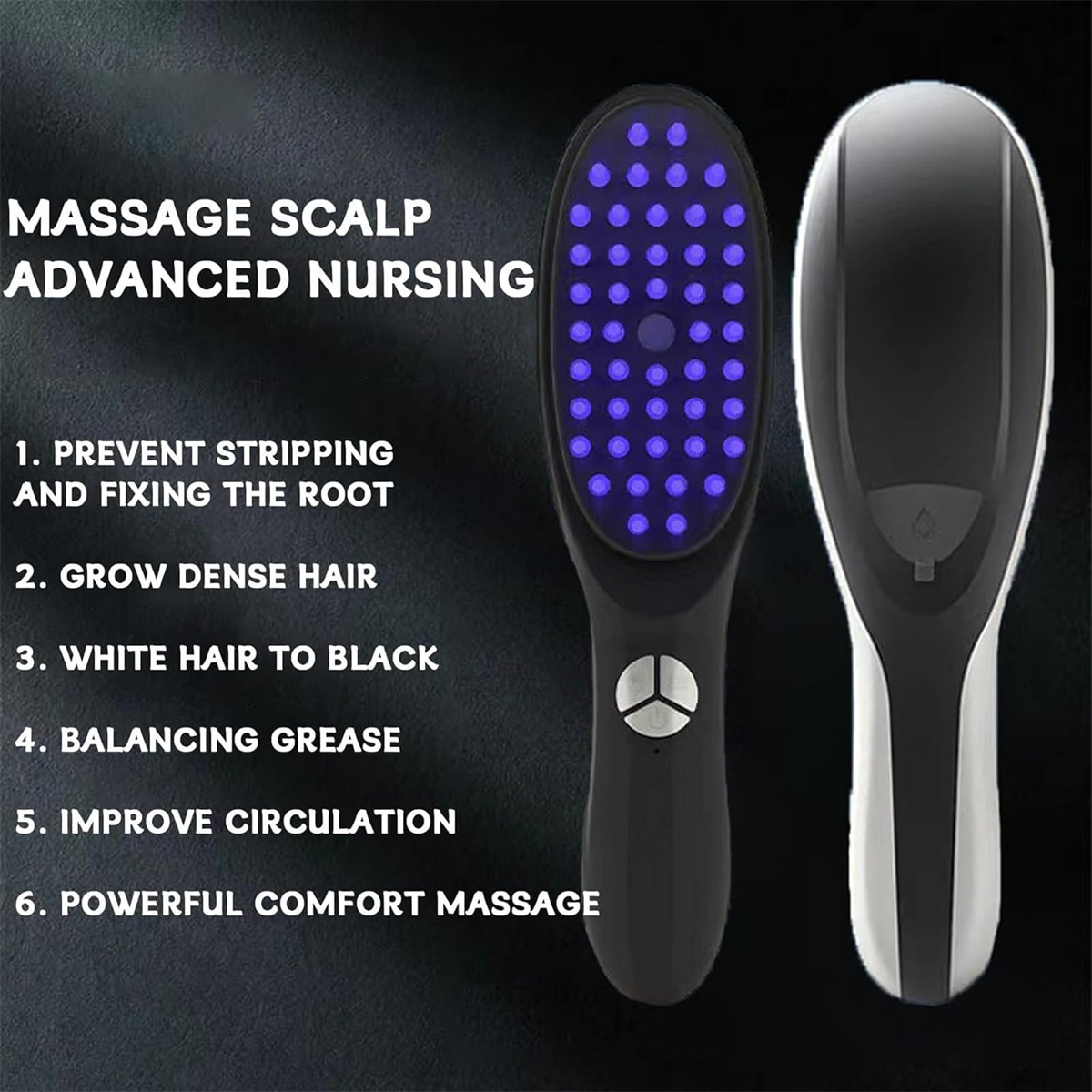 Das Bild zeigt zwei schwarze Haarmassagegeräte. Eines hat blaue Lichter, das andere ist weiß. Text hebt Vorteile hervor: Massage, Haarwuchs und Fettbalance.