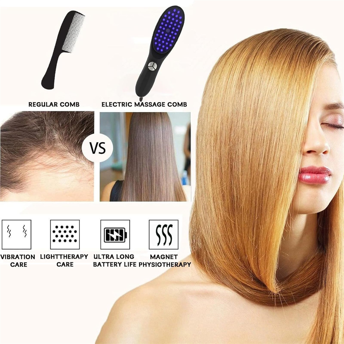 Das Bild zeigt Haarpflege-Tools und eine Frau. Enthält einen normalen Kamm, einen elektrischen Massagekamm und Icons für verschiedene Pflegemethoden.