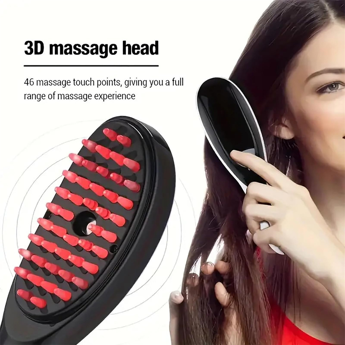 Eine Frau benutzt eine 3D-Massagekopfbürste für ihr Haar. Die Bürste hat rote Massagepunkte. Text sagt '3D-Massagekopf'.
