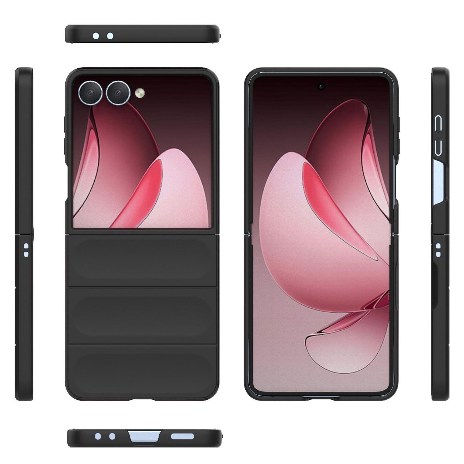 Eine schwarze, faltbare Handyhülle. Im Inneren des Telefons ist es rosa. Mehrere Ansichten von Telefon und Hülle werden gezeigt.