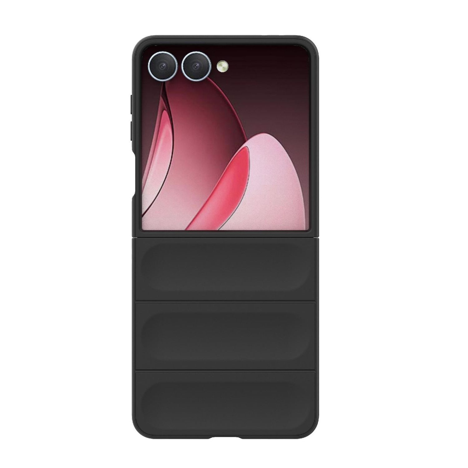 Schwarze Handyhülle mit einem Bildschirm, der rosa und weiße abstrakte Formen zeigt. Die Hülle ist gefaltet und hat einen Ständer.