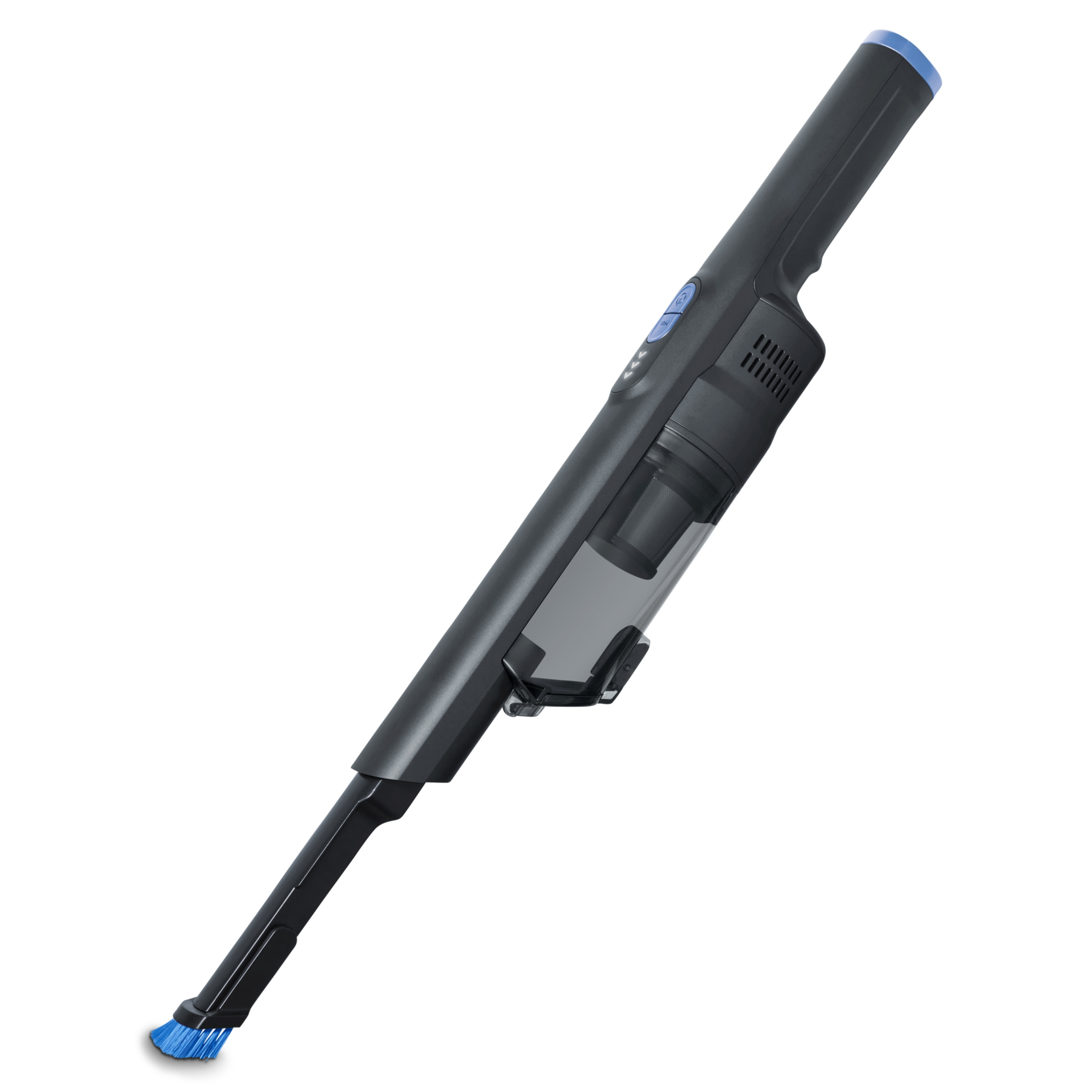 Black and blue handheld vacuum cleaner on a white background. It has a brush attachment.