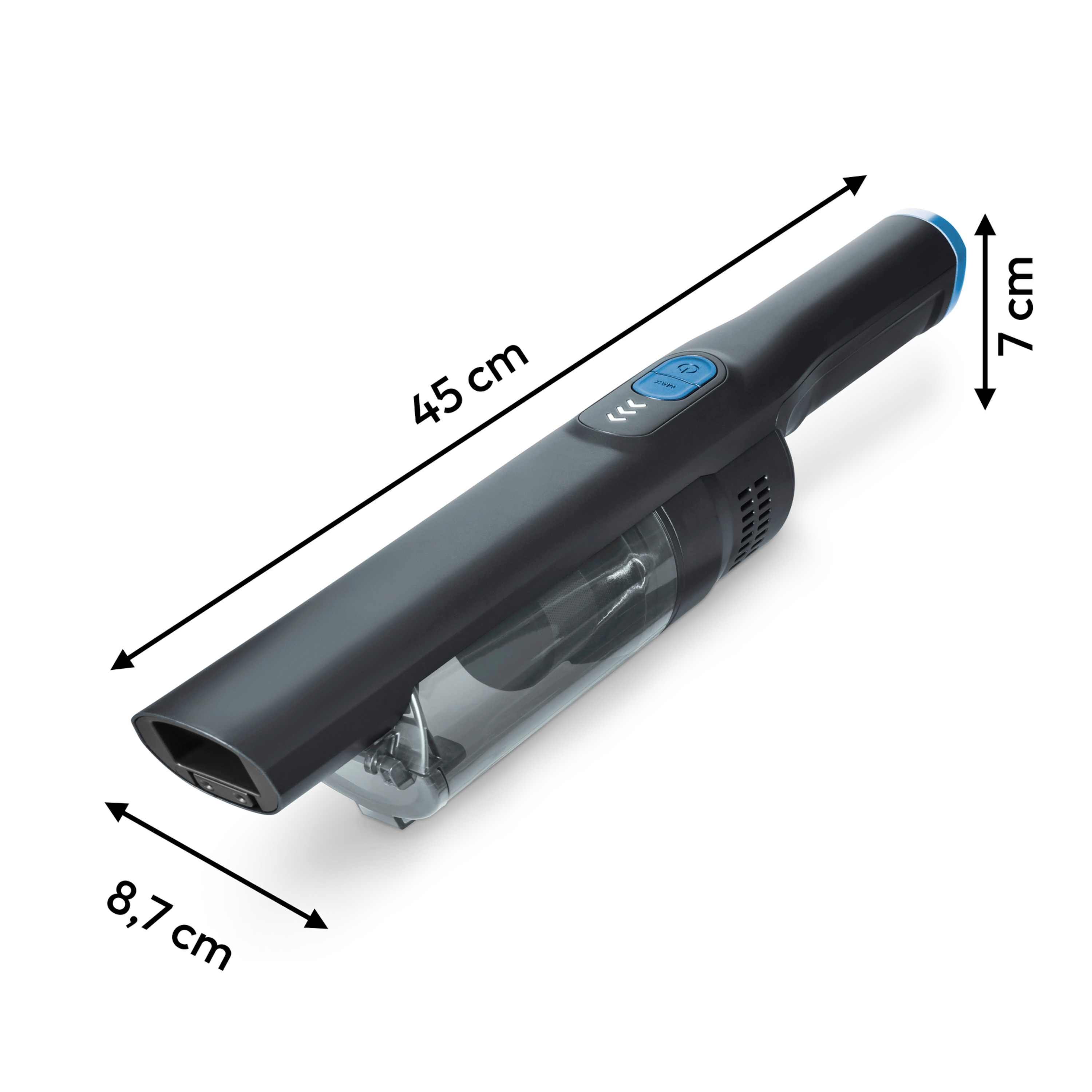 A black hand-held vacuum cleaner. Dimensions are labeled: 45cm long, 7cm high, and 8.7cm wide. Blue button on top.