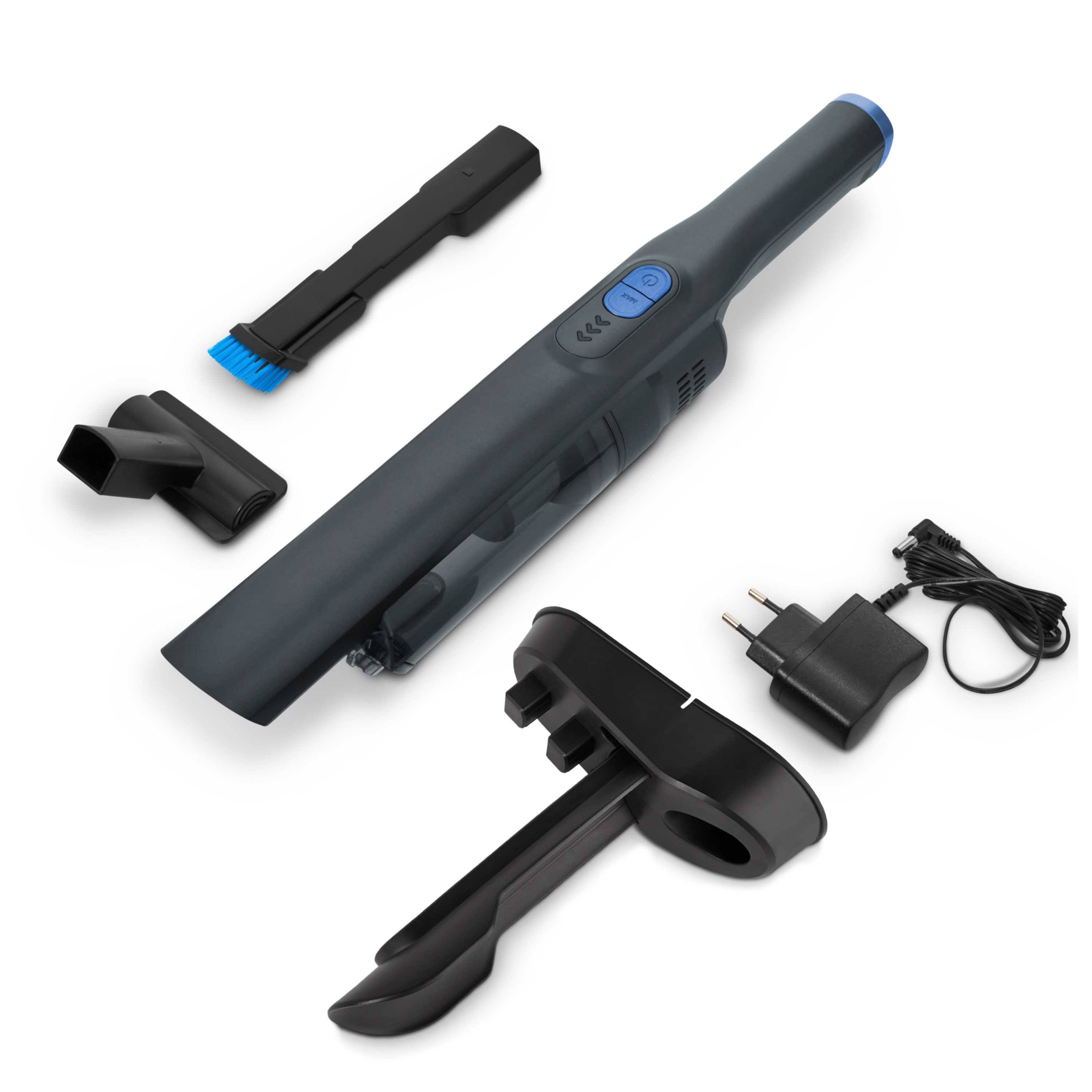 Handheld vacuum cleaner with attachments. Includes a charging base and power adapter. Parts are black and gray.