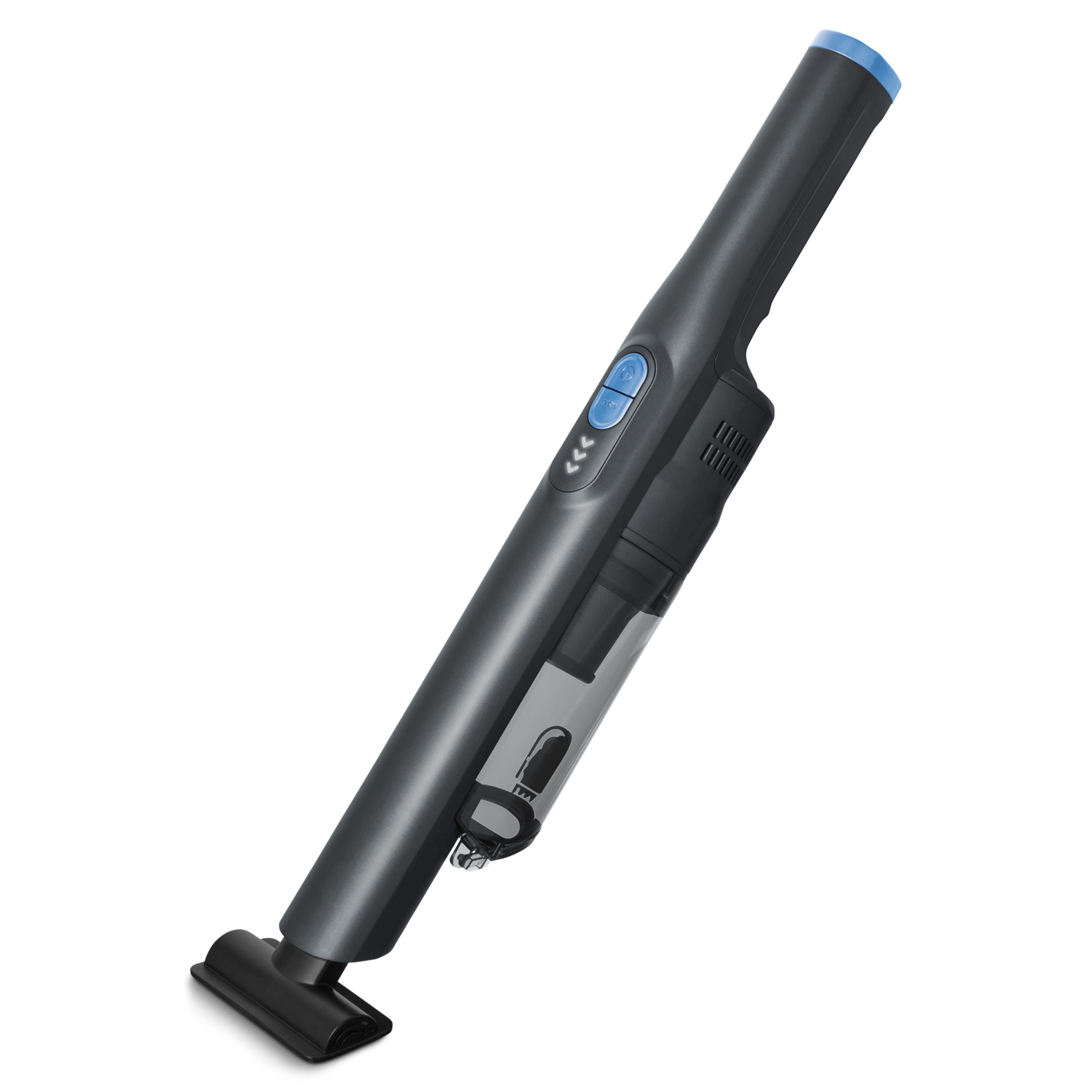 A cordless handheld vacuum cleaner, black and gray, with blue accents. It sits against a white background.