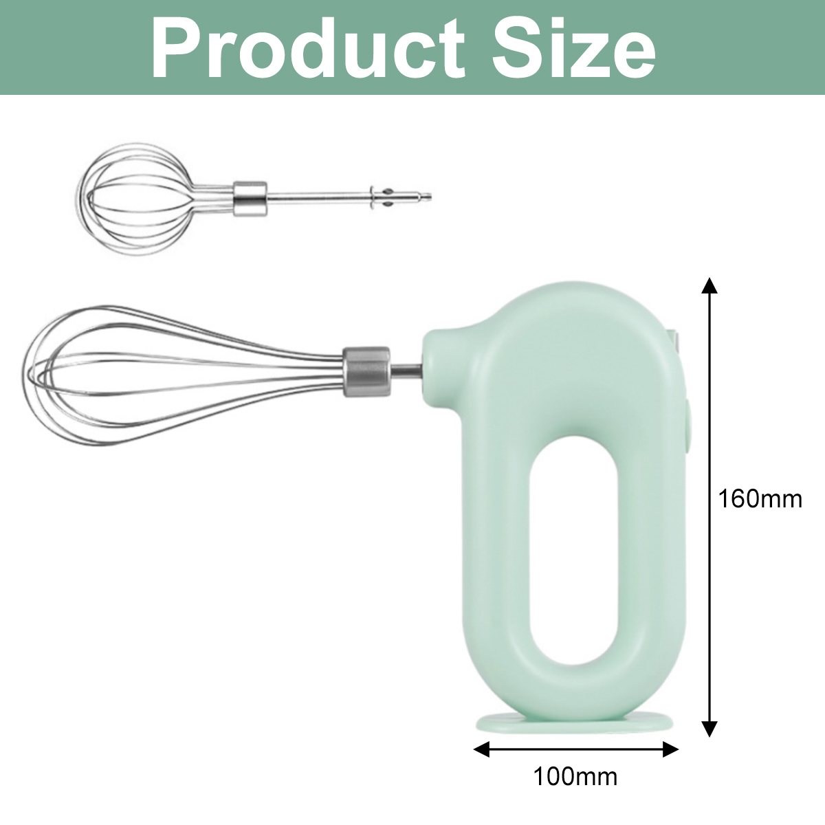 Ein mintgrüner Handmixer mit zwei Schneebesen wird gezeigt, mit den Maßen 160 mm x 100 mm. Die Produktgröße wird oben angezeigt.