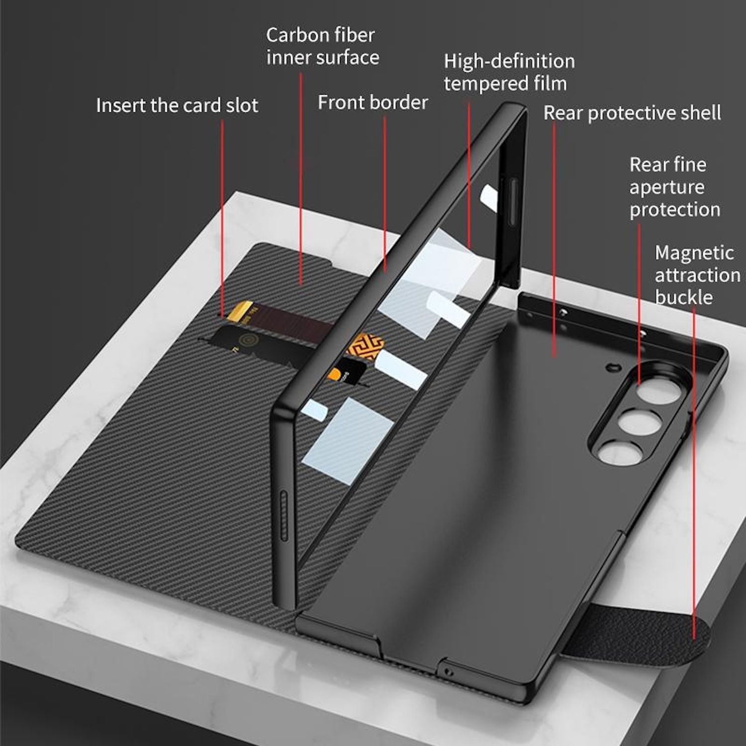 Una funda de teléfono negra con etiquetas. Tiene una superficie interior de fibra de carbono, película templada y una hebilla magnética. El teléfono está abierto.