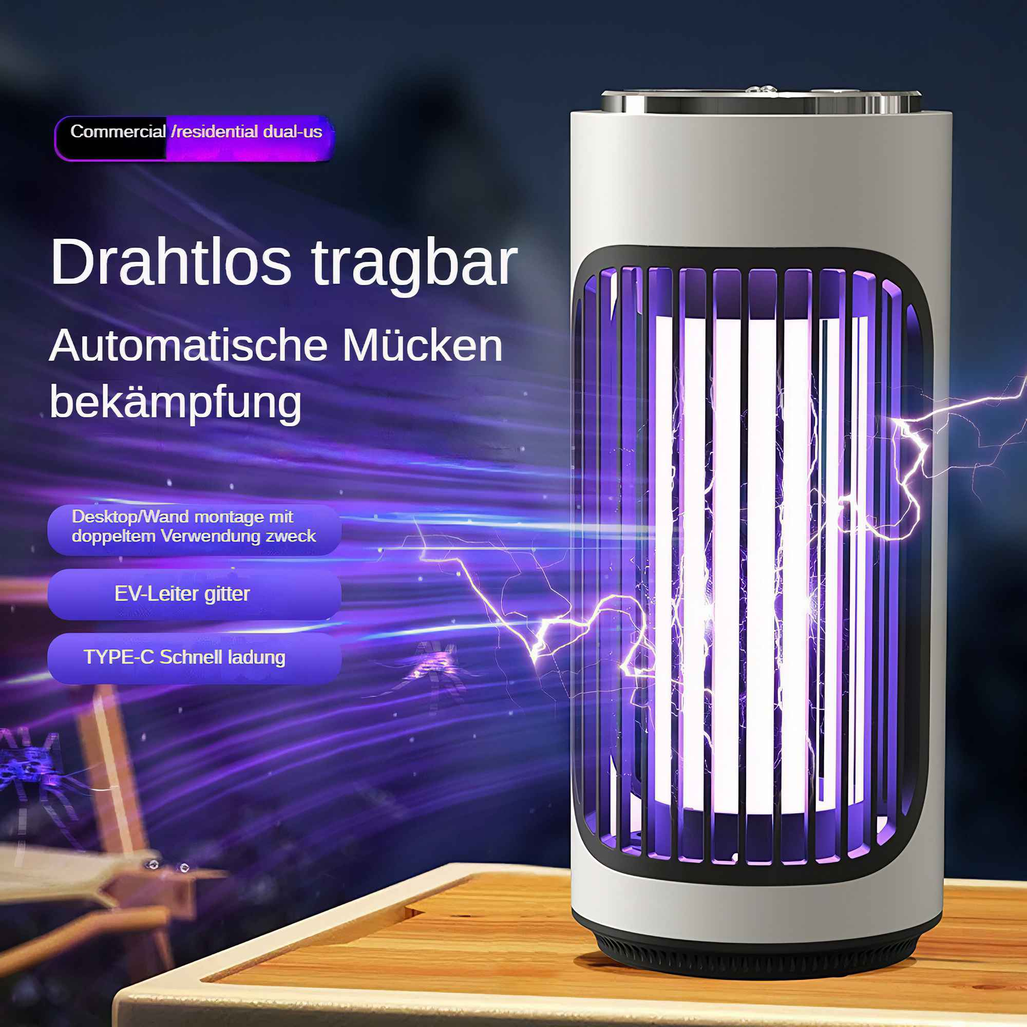 Ein zylindrischer Insektenvernichter mit violettem Leuchten, Blitzeffekten und Text auf Deutsch. Es hat einen schwarzen Grill und einen weißen Körper.