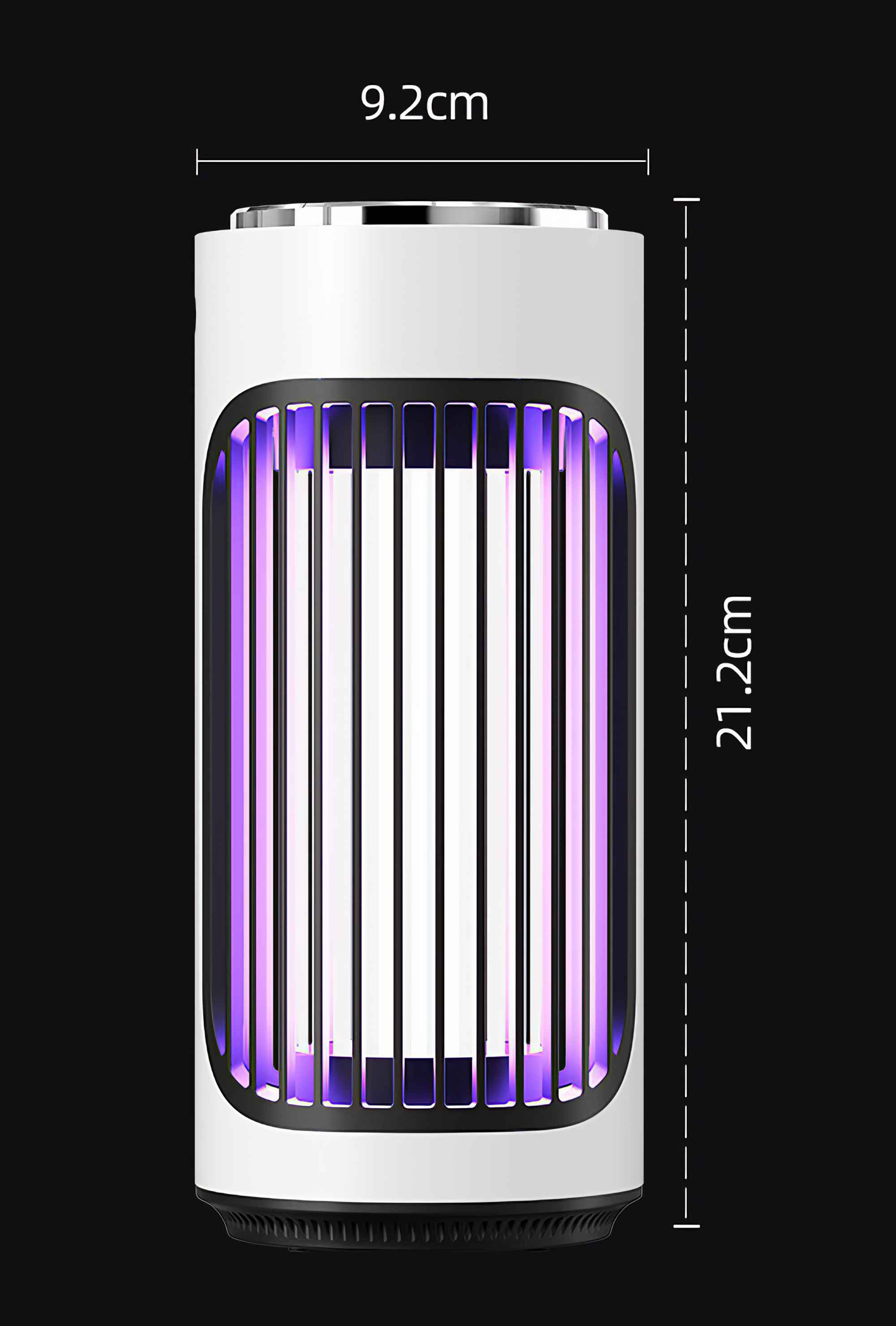 Ein weißer zylindrischer Insektenvernichter mit violetten UV-Lichtern. Maße: 9,2 cm x 21,2 cm. Schwarzer Hintergrund.