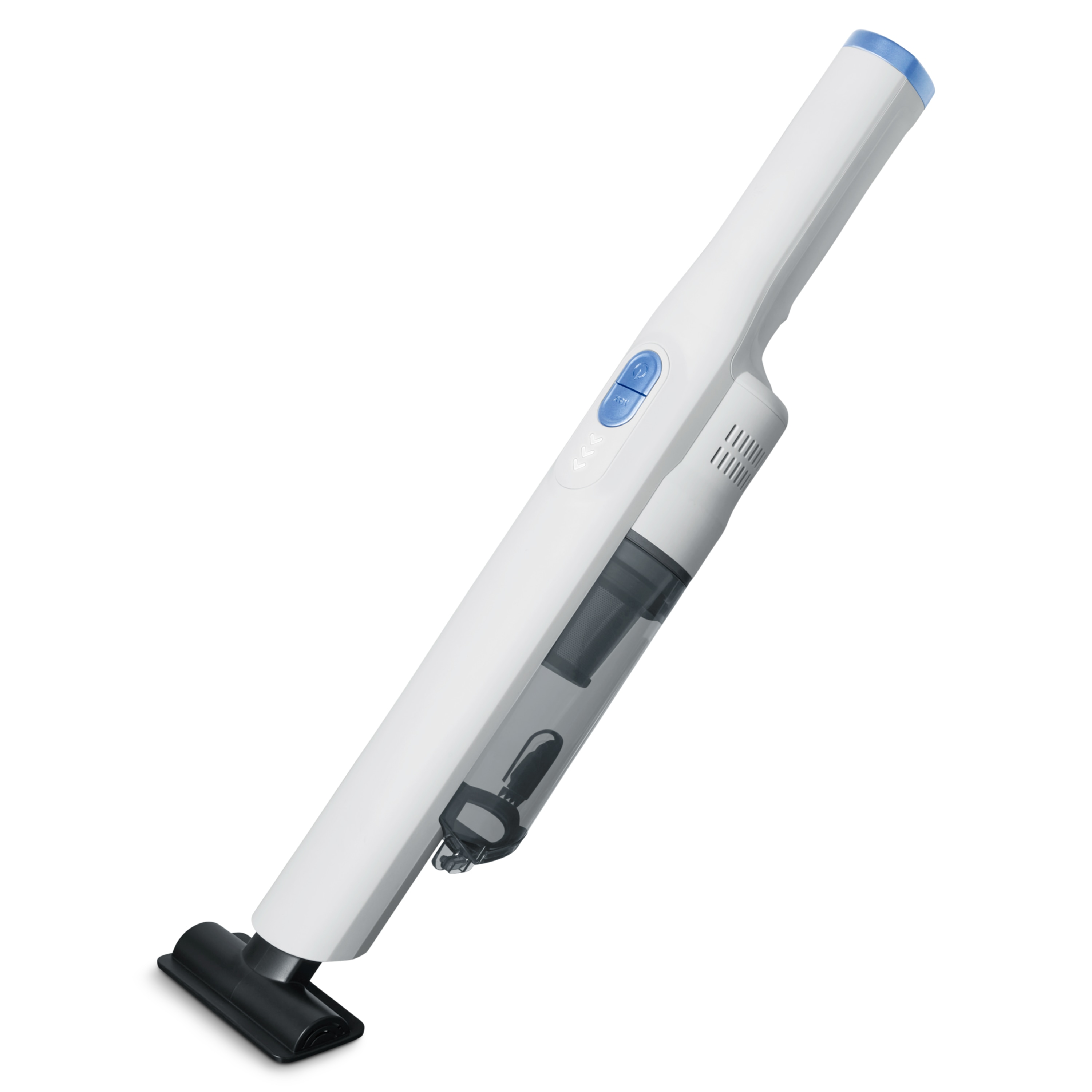A white and blue handheld vacuum cleaner on a white background. The vacuum has a black nozzle and a transparent dust container.