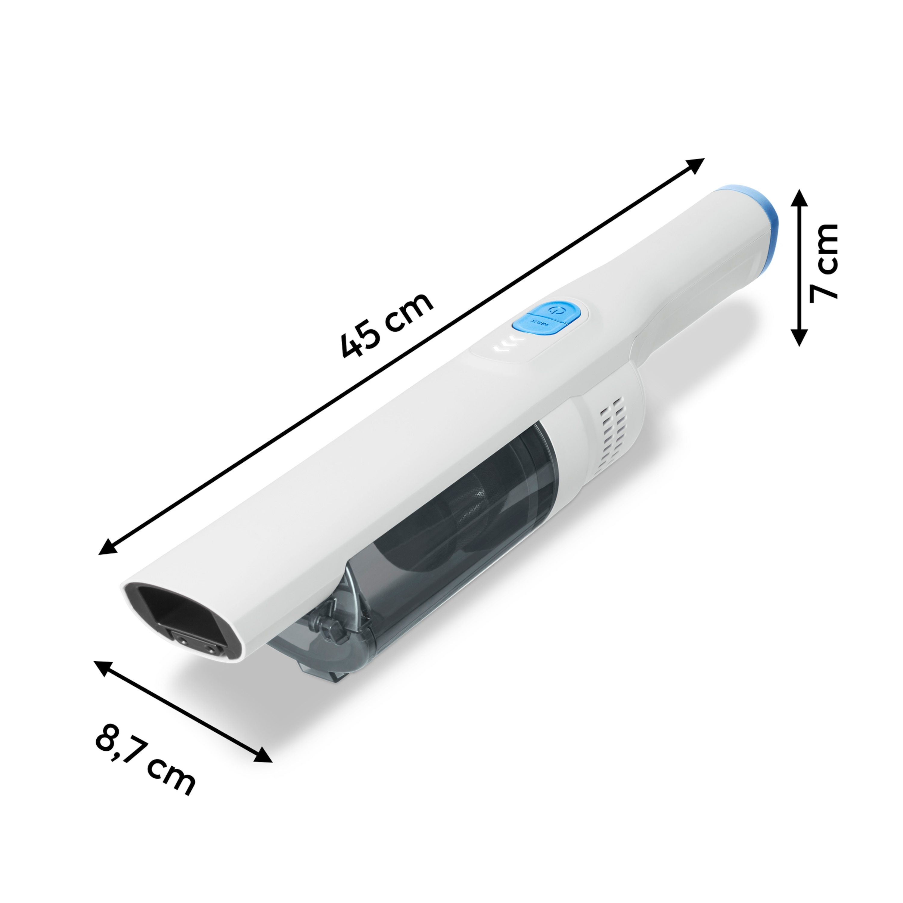 A white and blue handheld vacuum cleaner is shown with measurements. It has a black nozzle and a transparent dustbin.