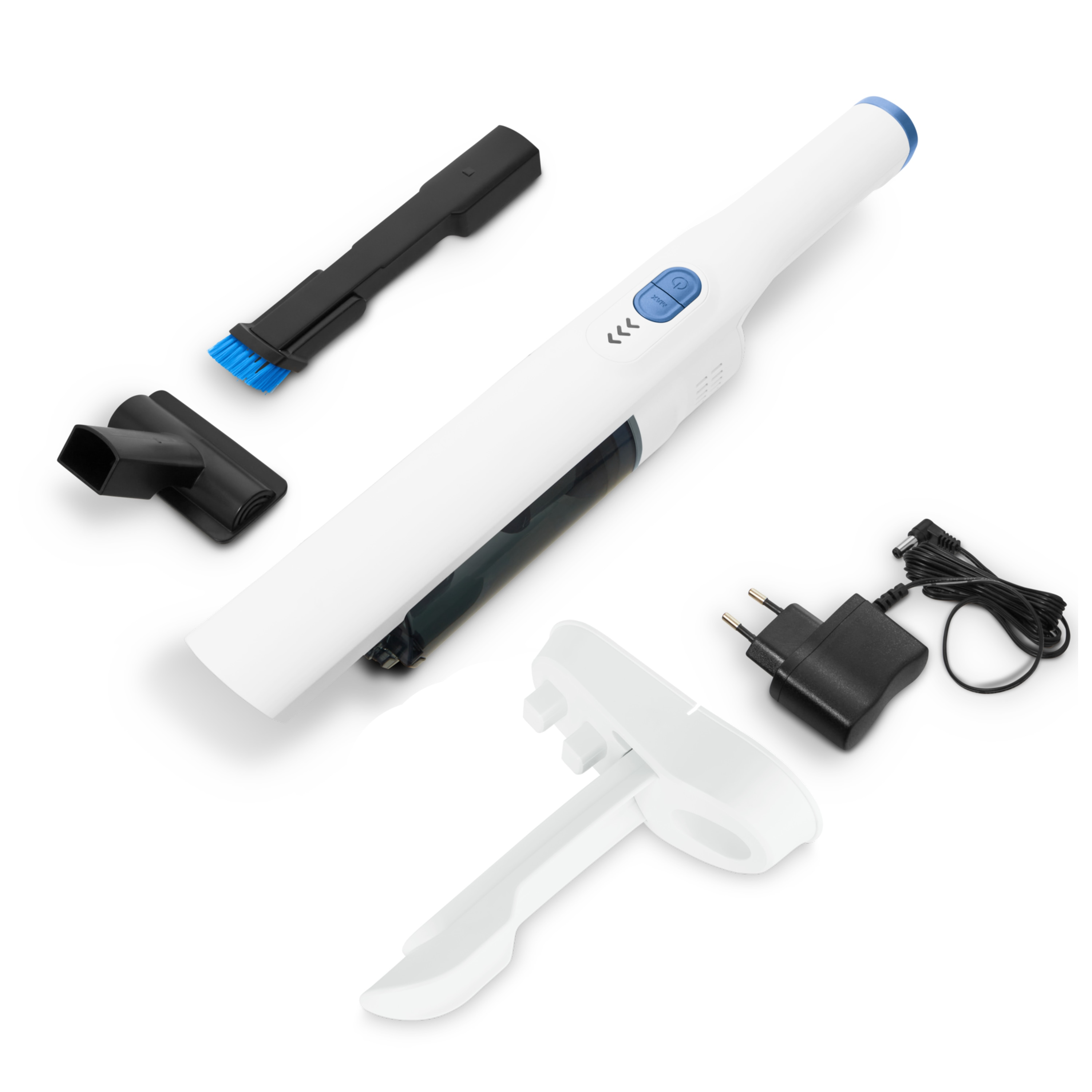 A white hand vacuum with attachments. Includes a brush, crevice tool, charger, and a stand, all arranged on white.