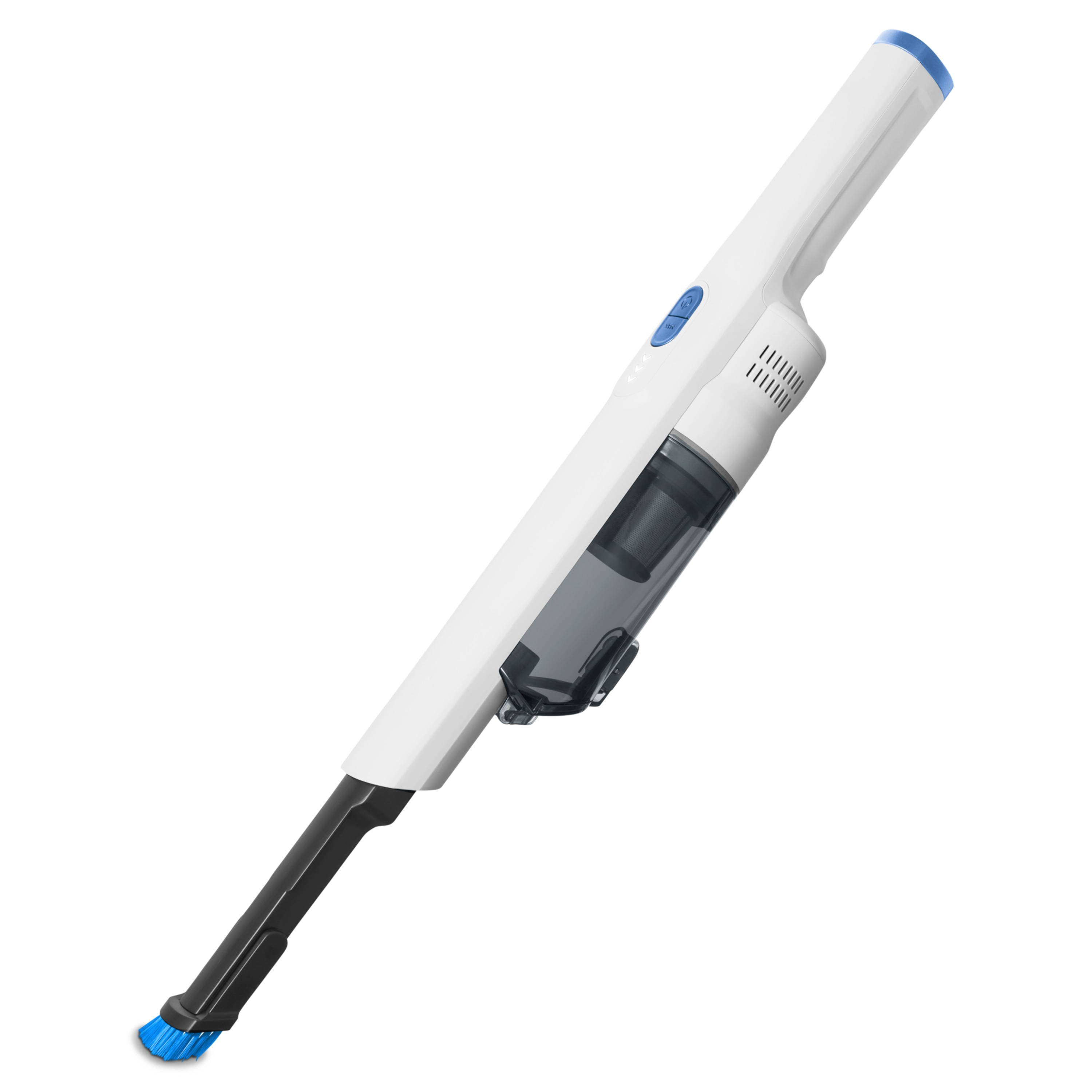 A white and blue cordless vacuum cleaner on a white background. The vacuum has a black brush head.