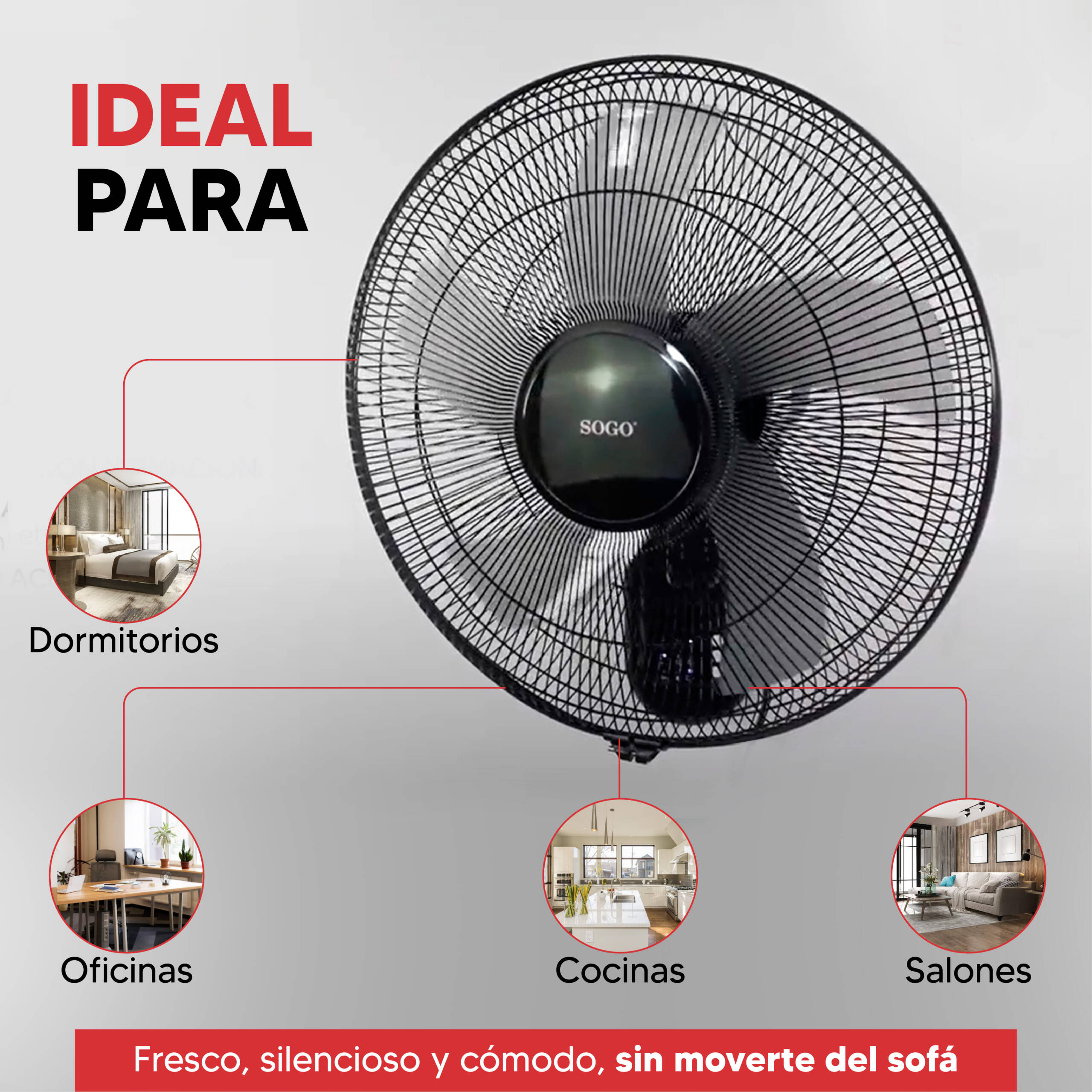 Un ventilador Sogo negro se muestra con texto que destaca ubicaciones ideales: dormitorios, oficinas, cocinas y salones.