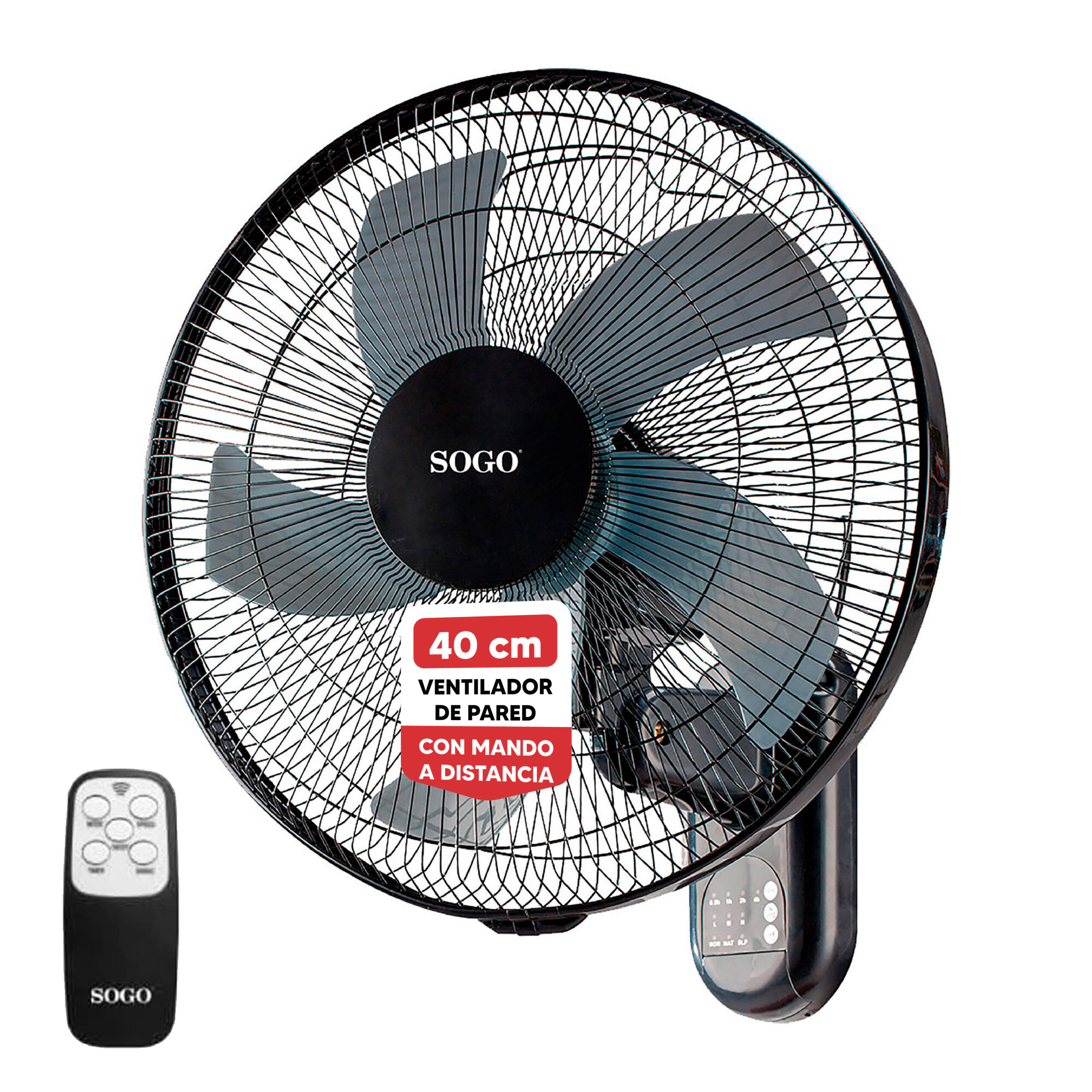 Ventilador de pared negro con mando a distancia. Incluye aspas, rejilla, panel de control y etiqueta con tamaño y funciones.