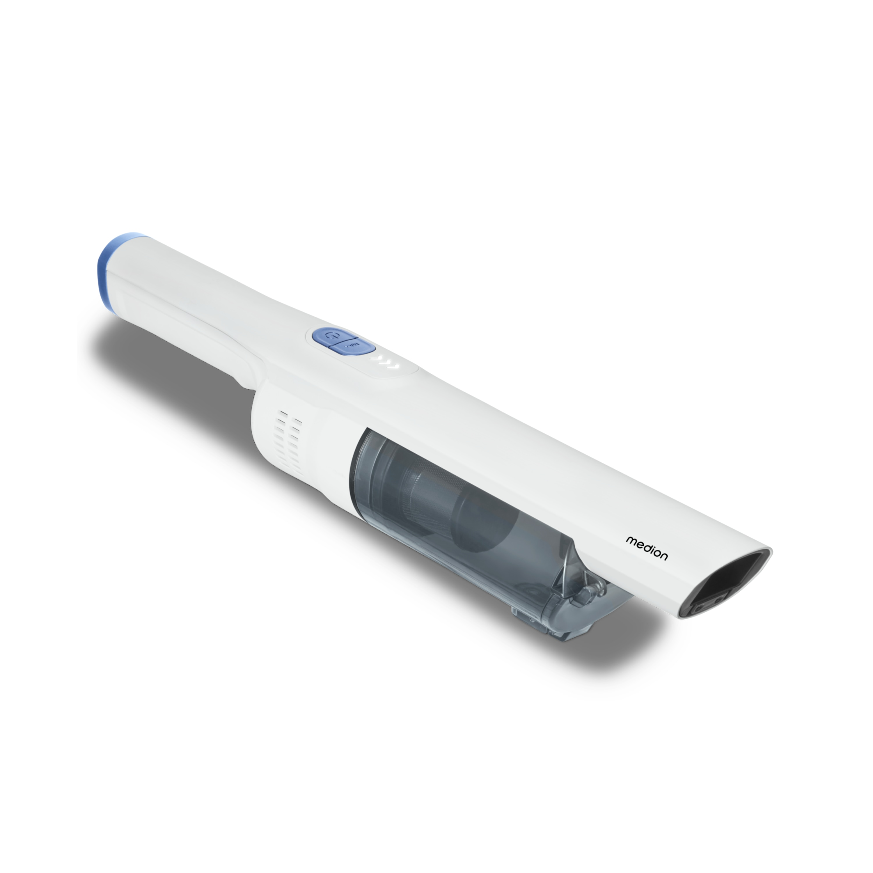 Een witte en blauwe handstofzuiger op een witte achtergrond. De merknaam is medion.