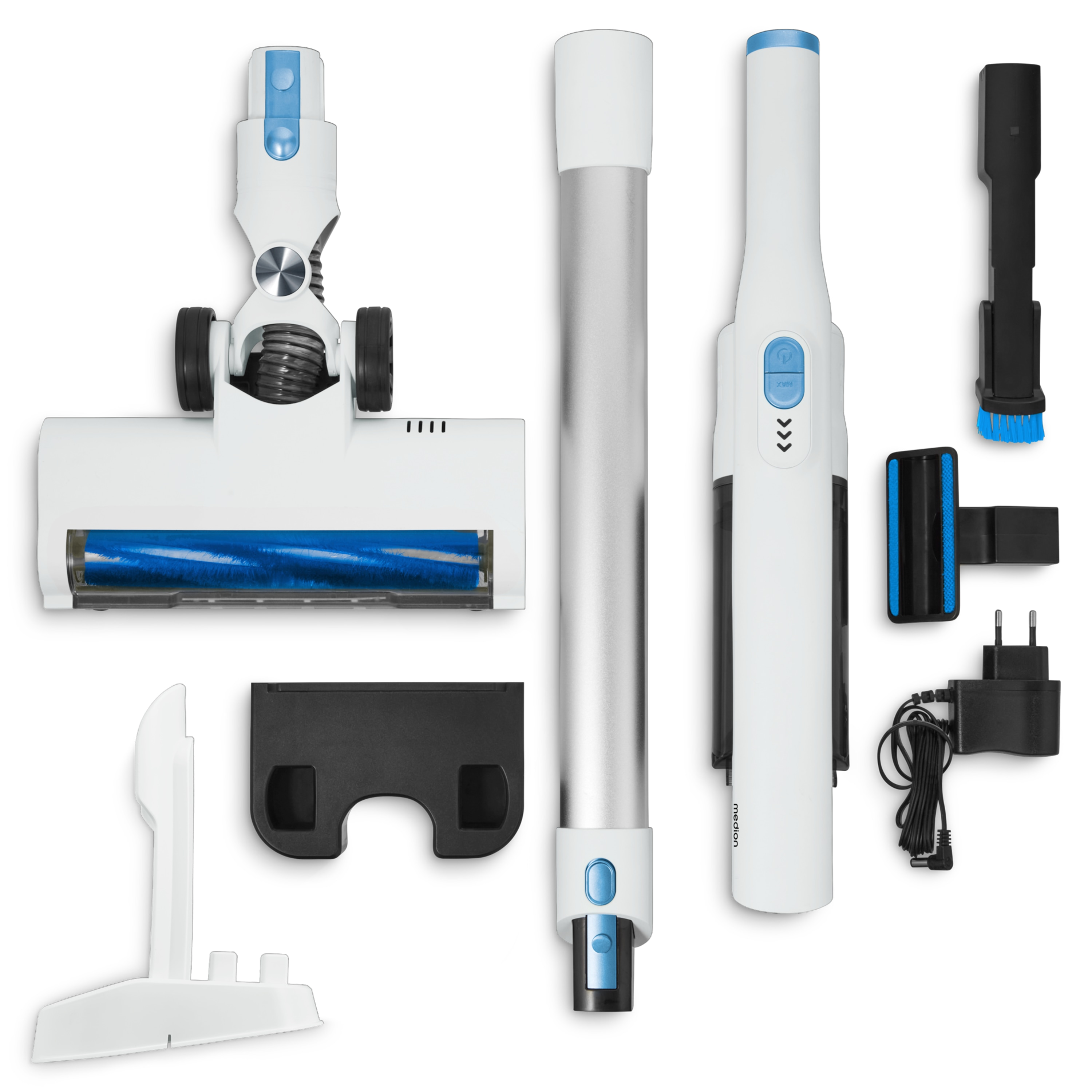 Uit elkaar gehaalde stofzuiger met kop, verlengstuk, handvat, oplader en accessoires op witte ondergrond.