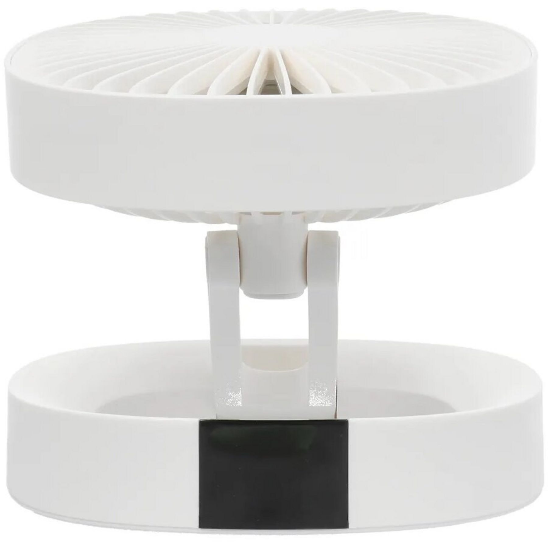 Ein weißer, faltbarer Ventilator. Er hat einen kreisförmigen Sockel und einen Ventilatorkopf. Der Ständer ist weiß und hat ein schwarzes Rechteck.