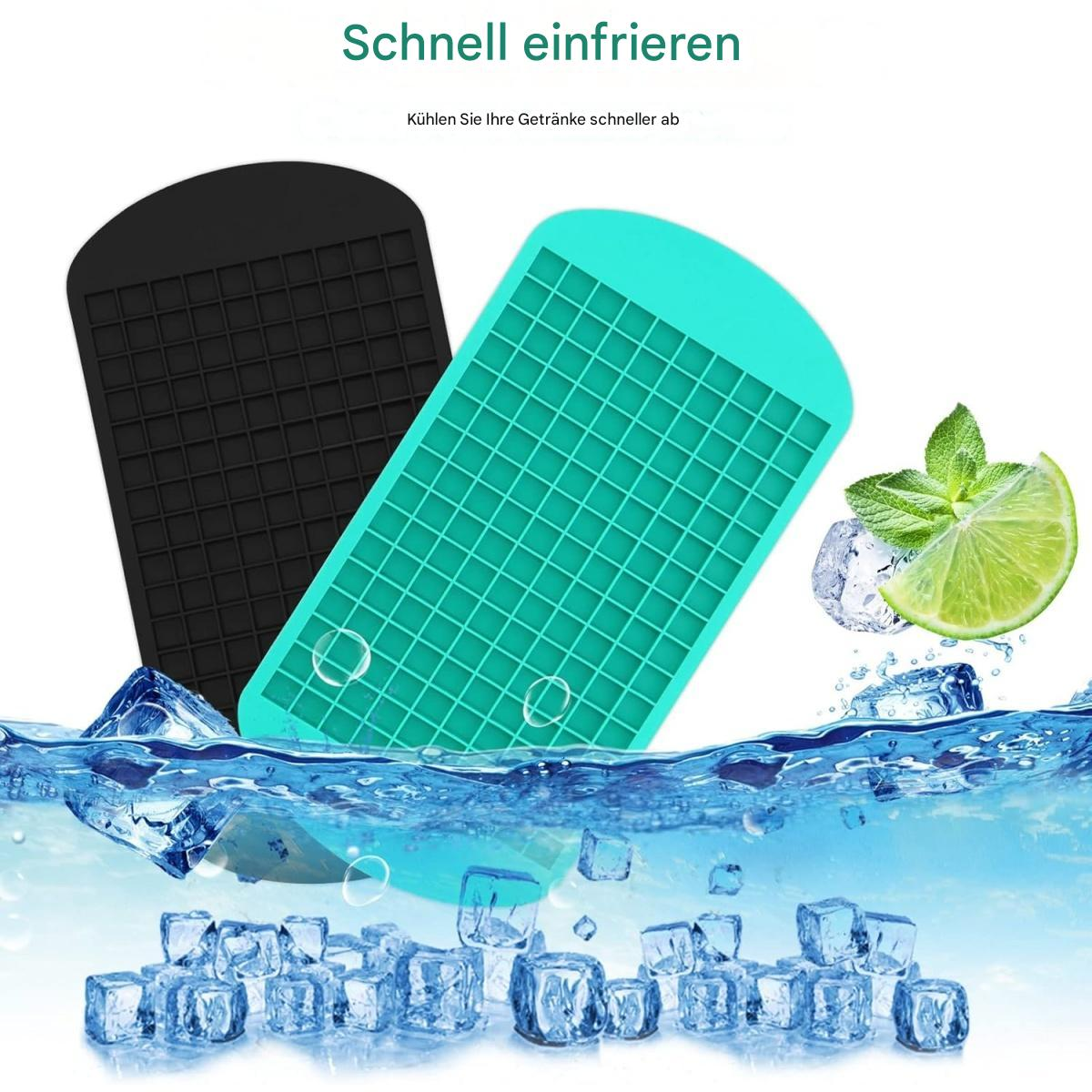 Zwei Eiswürfelschalen, schwarz und türkis, mit Eiswürfeln und einer Limettenscheibe im Wasser. Text: Schnell einfrieren.