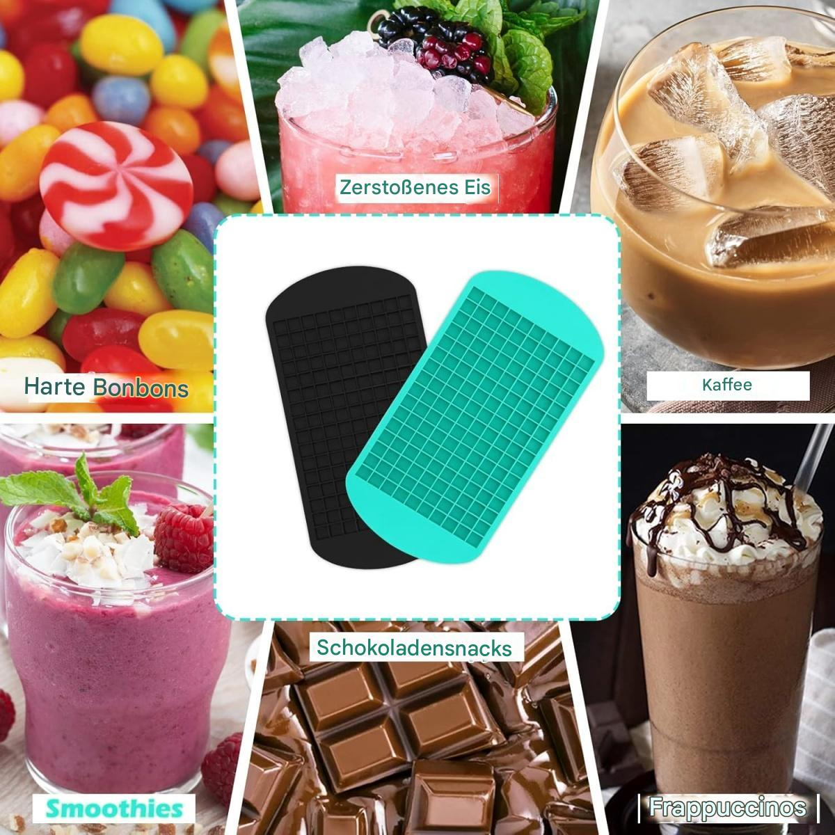 Eine Collage mit Bildern von Süßigkeiten, Cocktails, Kaffee, Smoothies, Schokolade und Frappe. Zwei Eiswürfelschalen stehen im Mittelpunkt.