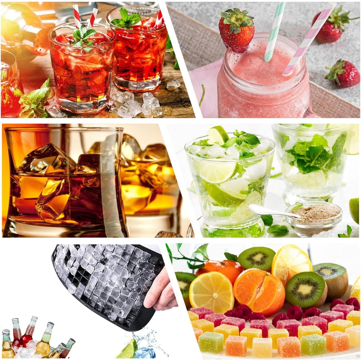 Collage von Getränken: Cocktails mit Strohhalmen, Erdbeer-Smoothie, Whisky mit Eis, Mojitos, Eiswürfel, Früchte und Gummibärchen.