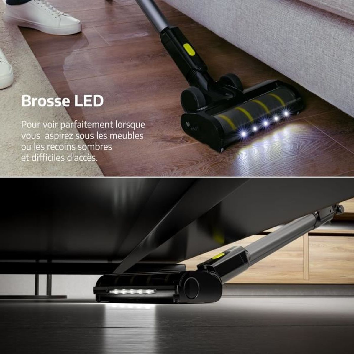 Un cabezal de aspiradora negro con luces LED limpia debajo de un sofá. El suelo es de madera y los zapatos blancos están arriba a la izquierda.
