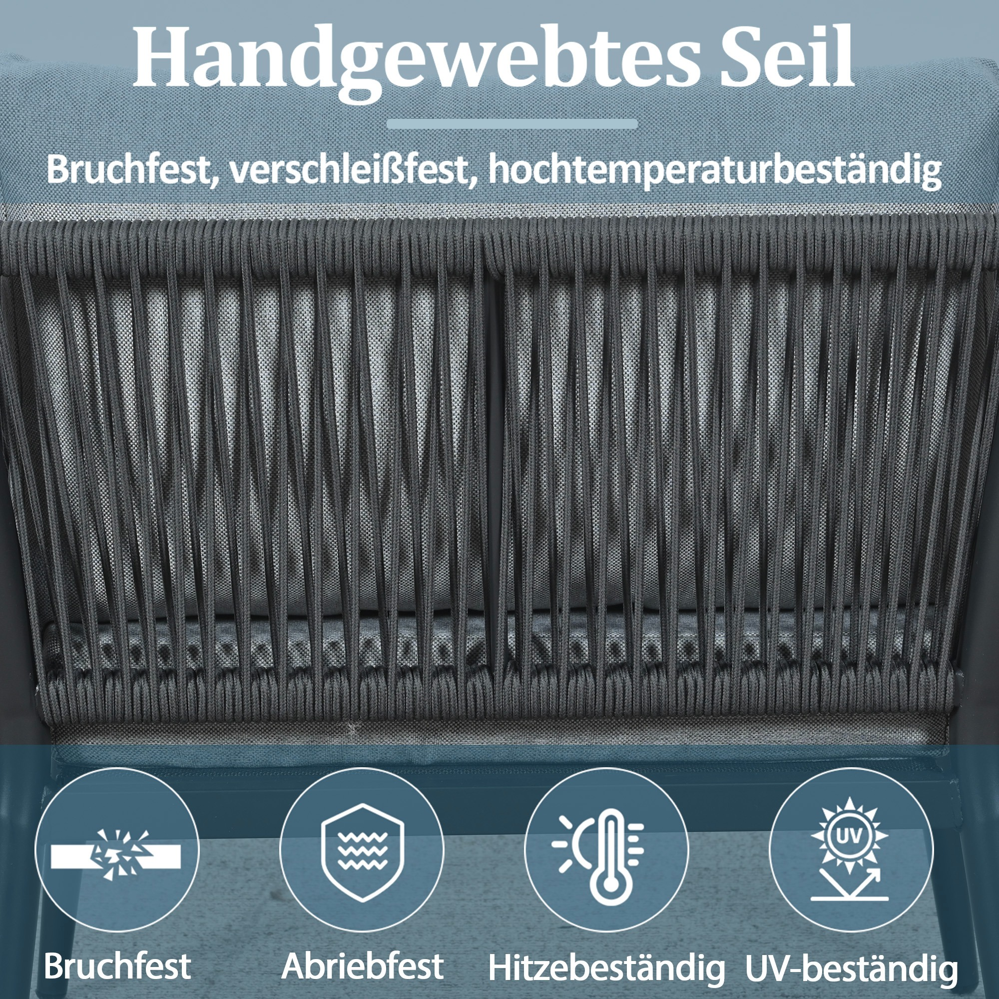 Nahaufnahme einer gewebten Seilstruktur, darüber steht 'Handgewebtes Seil'. Merkmale: bruchfest, abriebfest, hitzebeständig, UV-beständig.