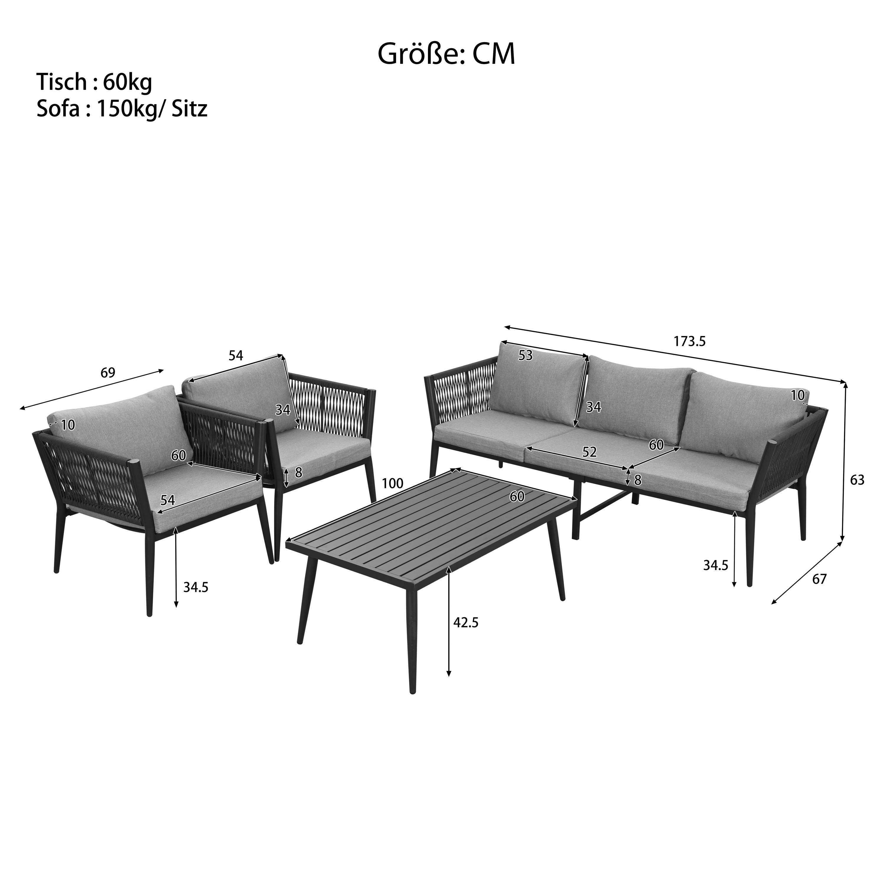 Ein Gartenmöbel-Set mit Maßen. Es umfasst einen Tisch, zwei Sessel und ein Sofa, alle mit grauen Kissen.