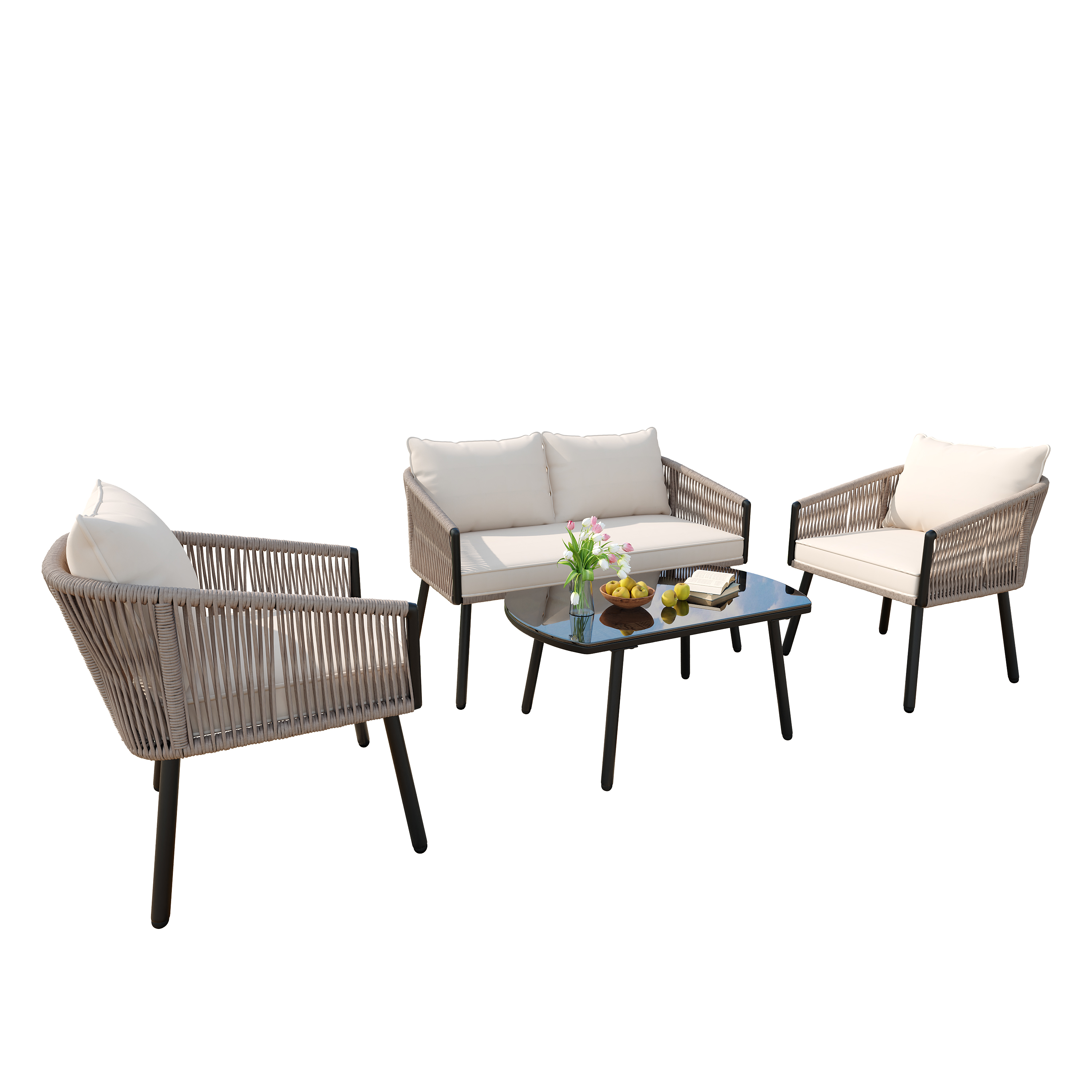 Gartenmöbelset mit Sofa, zwei Sesseln und Glastisch. Auf dem Tisch stehen Blumen und Obst.