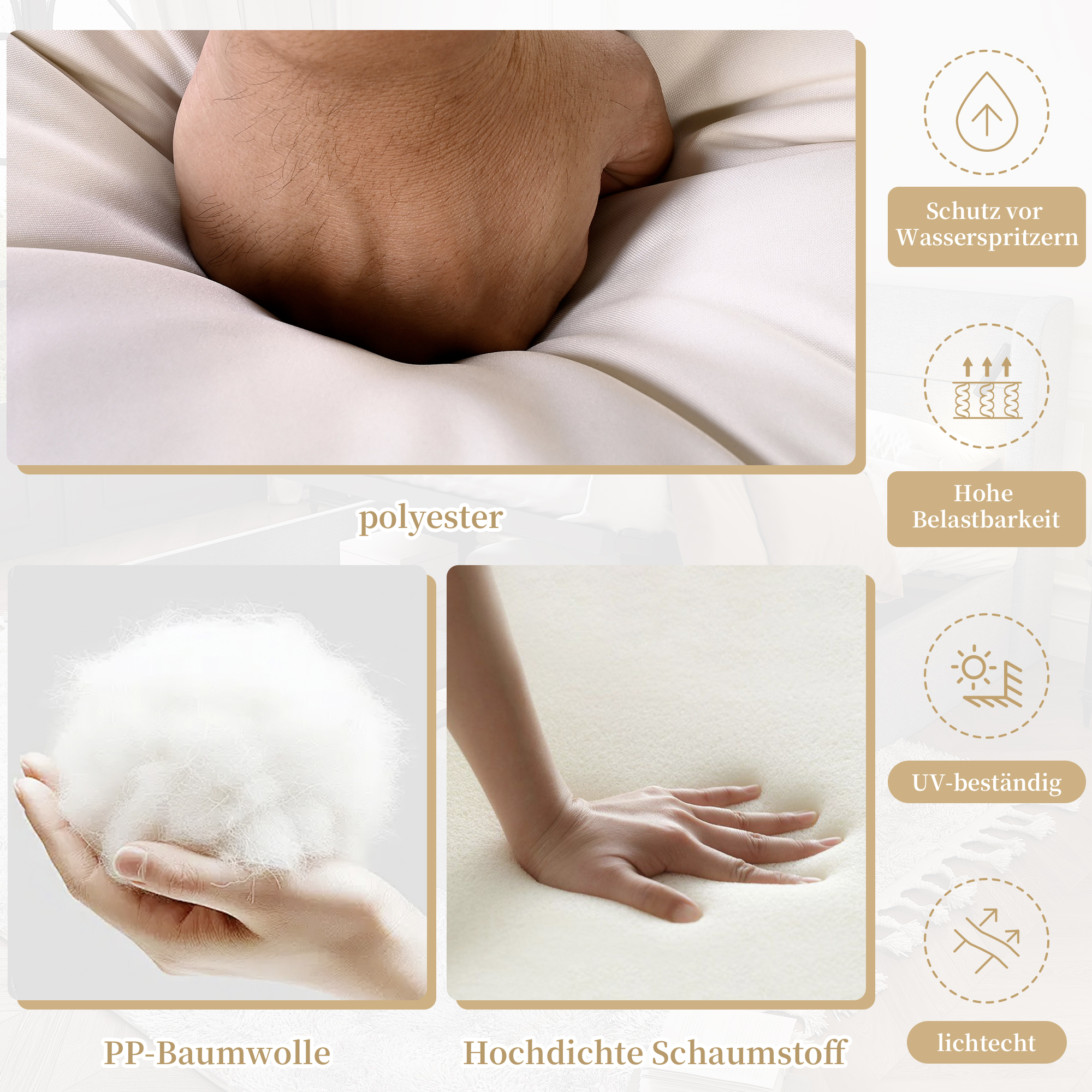 Das Bild zeigt eine Hand, die auf eine weiche, weiße Oberfläche drückt. Weitere Bilder zeigen Materialien: PP-Baumwolle, hochdichter Schaumstoff und Polyester.