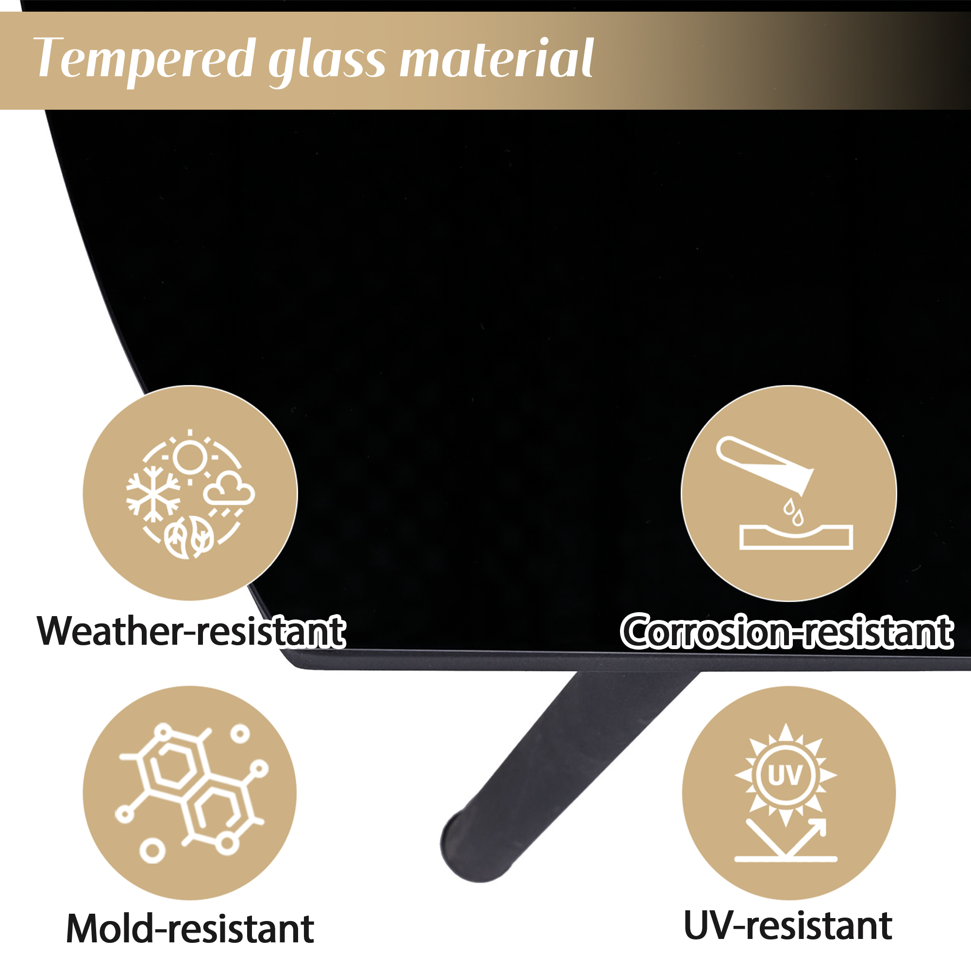 Das Bild zeigt gehärtetes Glasmaterial mit Symbolen, die Wetter-, Korrosions-, Schimmel- und UV-Beständigkeit angeben.