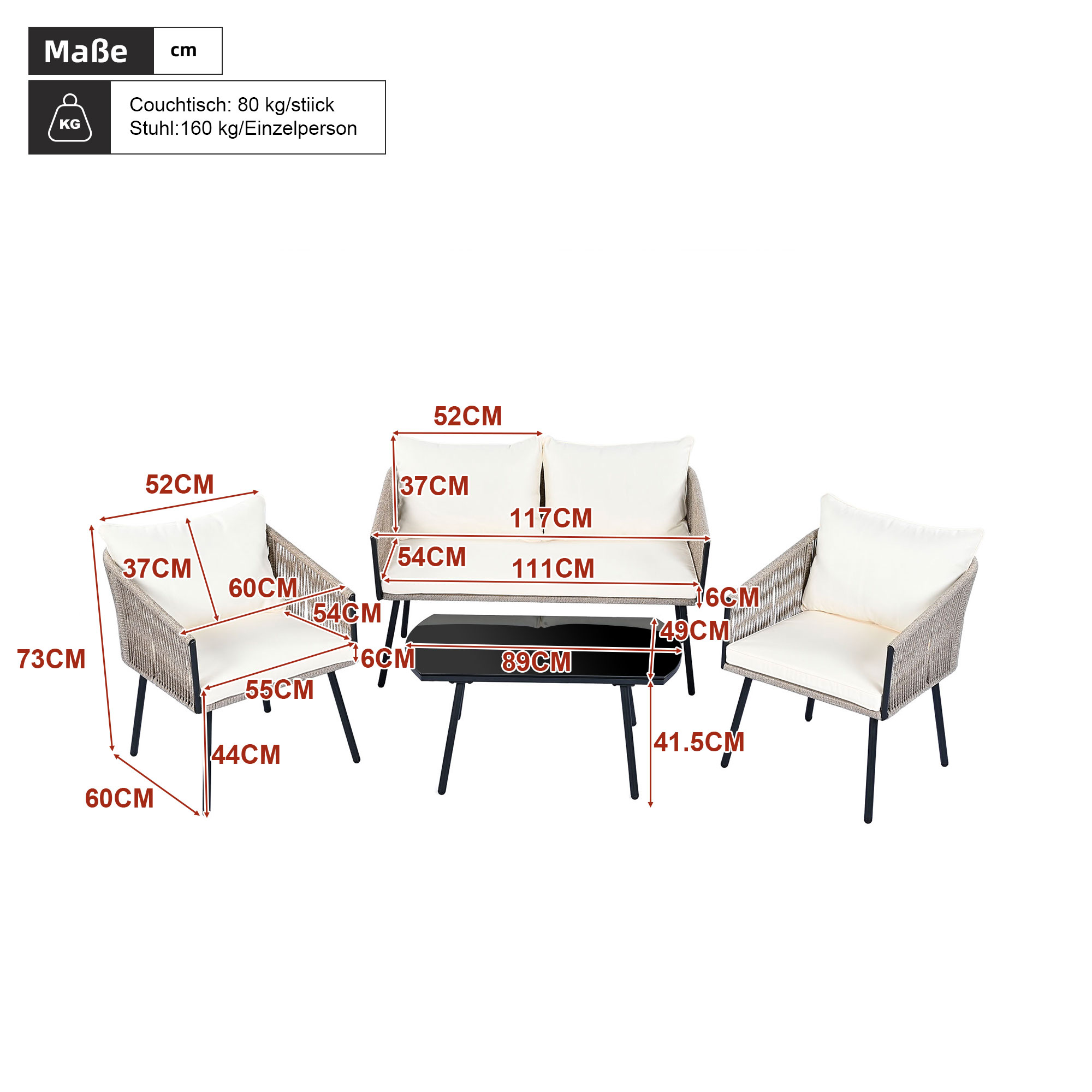 Ein Set Gartenmöbel mit Maßangaben. Es umfasst zwei Stühle, eine Couch und einen Tisch.
