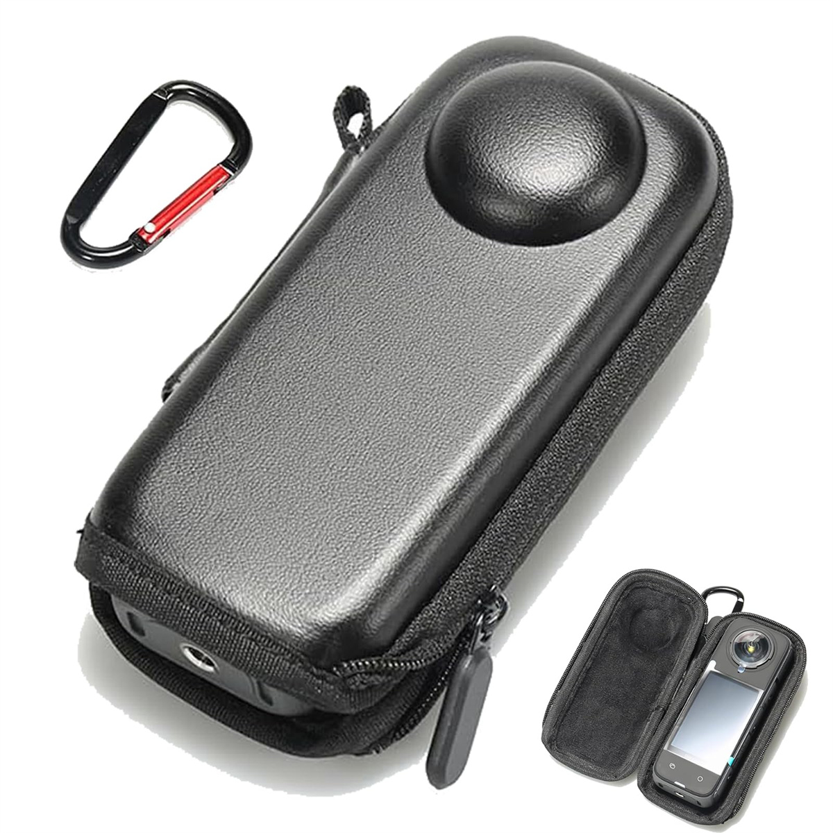 Schwarze Hülle mit rundem Deckel, Karabiner und kleiner offener Hülle mit Telefon. Alles vor weißem Hintergrund.