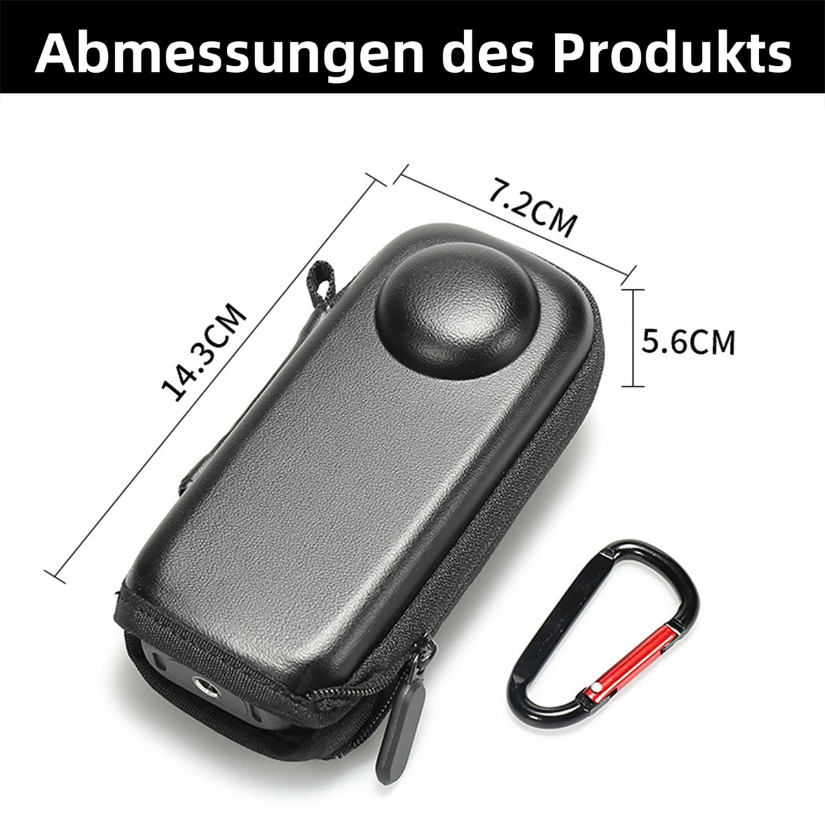 Schwarzes Etui mit den Maßen 14,3 cm x 7,2 cm x 5,6 cm und einem schwarz-roten Karabiner.