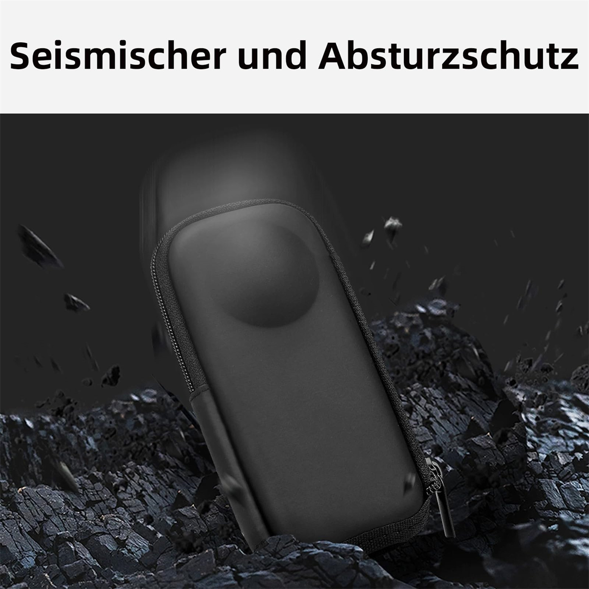 Eine schwarze Hülle mit Reißverschluss vor dunklem Hintergrund mit Trümmern. Der Text 'Seismischer und Absturzschutz' steht oben.