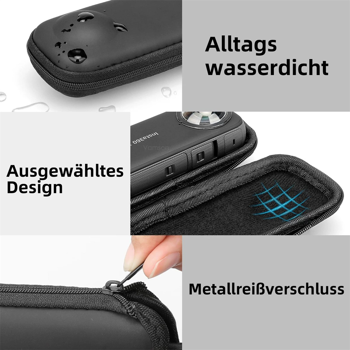 Eine schwarze Kameratasche mit Wassertropfen, eine Kamera und Text auf Deutsch: 'Alltags wasserdicht', 'Ausgewähltes Design' und 'Metallreißverschluss'.