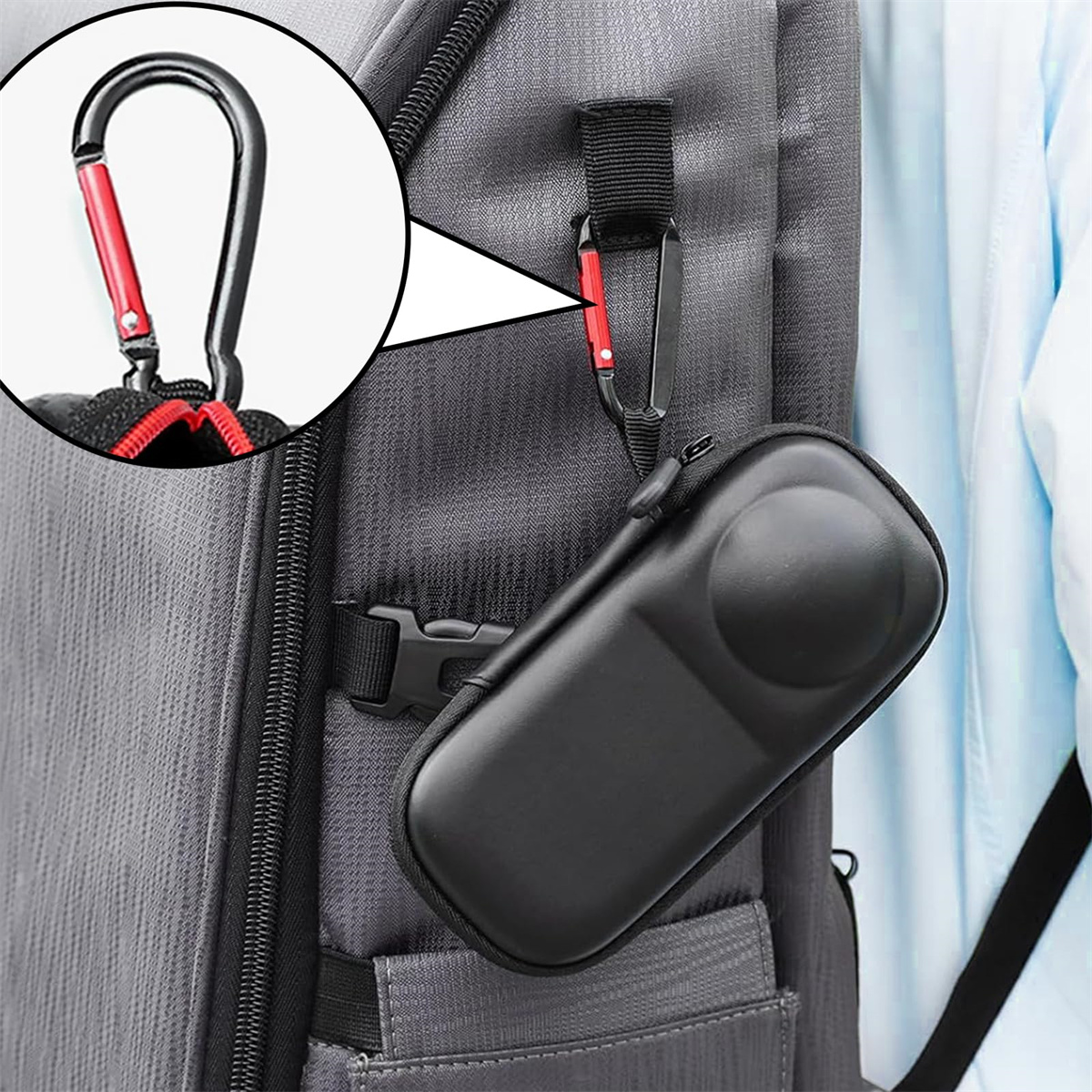 Ein schwarzes Etui ist mit einem Karabiner an einem grauen Rucksack befestigt. Eine Nahaufnahme des Karabiners zeigt einen roten Akzent.