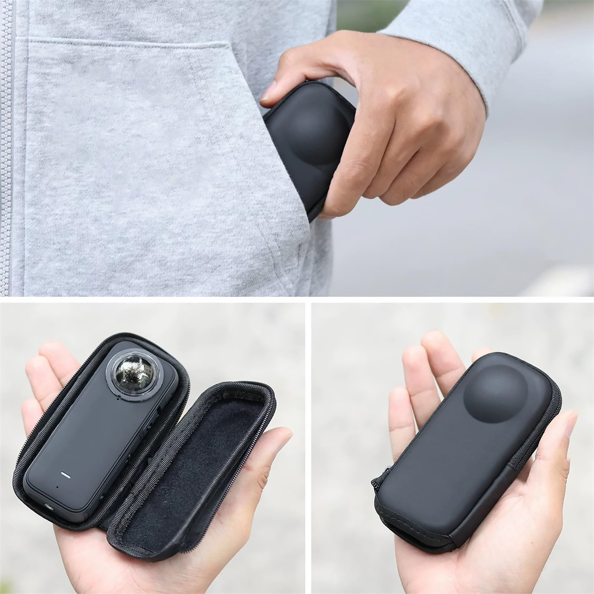 Eine Person hält eine schwarze Hülle, ein anderes Bild zeigt eine 360-Grad-Kamera und das dritte Bild zeigt die Hülle.