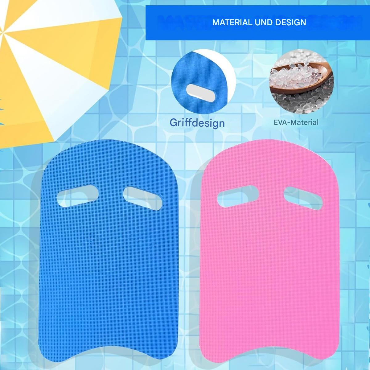 Blaue und rosa Schwimmbretter mit Grifföffnungen. Der Hintergrund zeigt ein Pool-Design und einen Regenschirm.