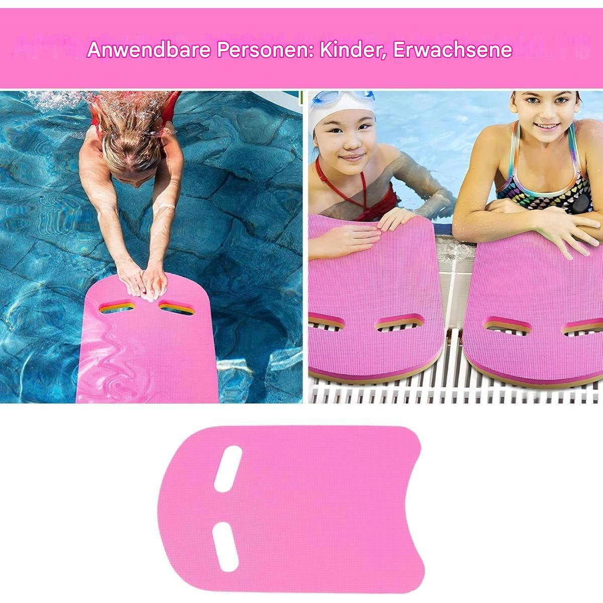 Drei Kinder in einem Pool mit rosa Schwimmbrettern. Einer schwimmt, zwei halten Bretter. Text oben: „Kinder, Erwachsene“.
