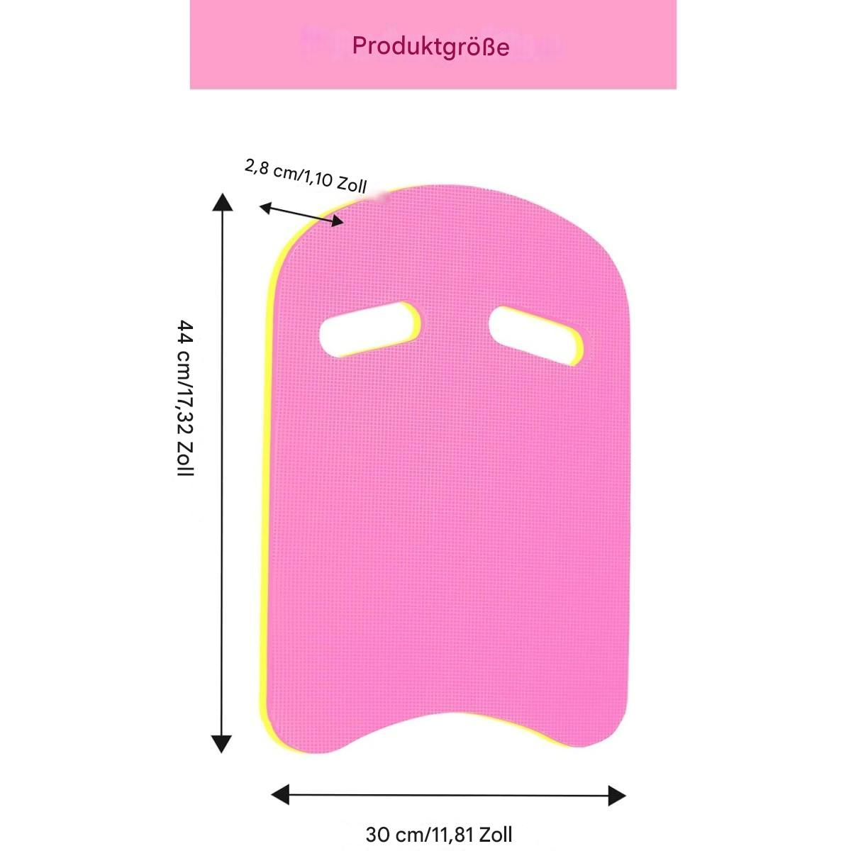 Ein rosa Schwimmbrett mit gelben Rändern und Aussparungen. Abmessungen sind angegeben. Text 'Produktgröße' steht oben.