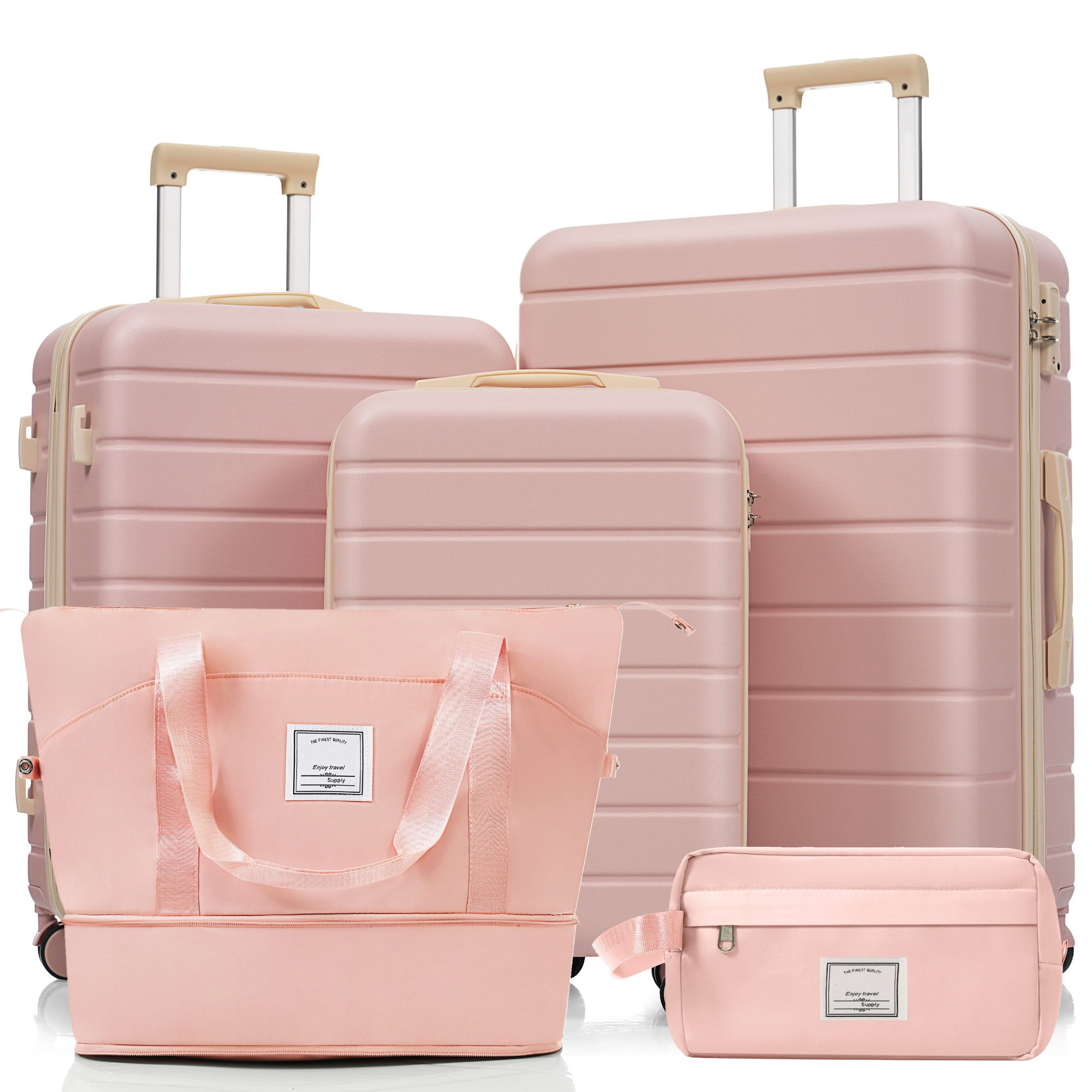 Rosa Gepäckset: Koffer, Tragetasche und Kosmetiktasche. Alle Artikel sind rosa.