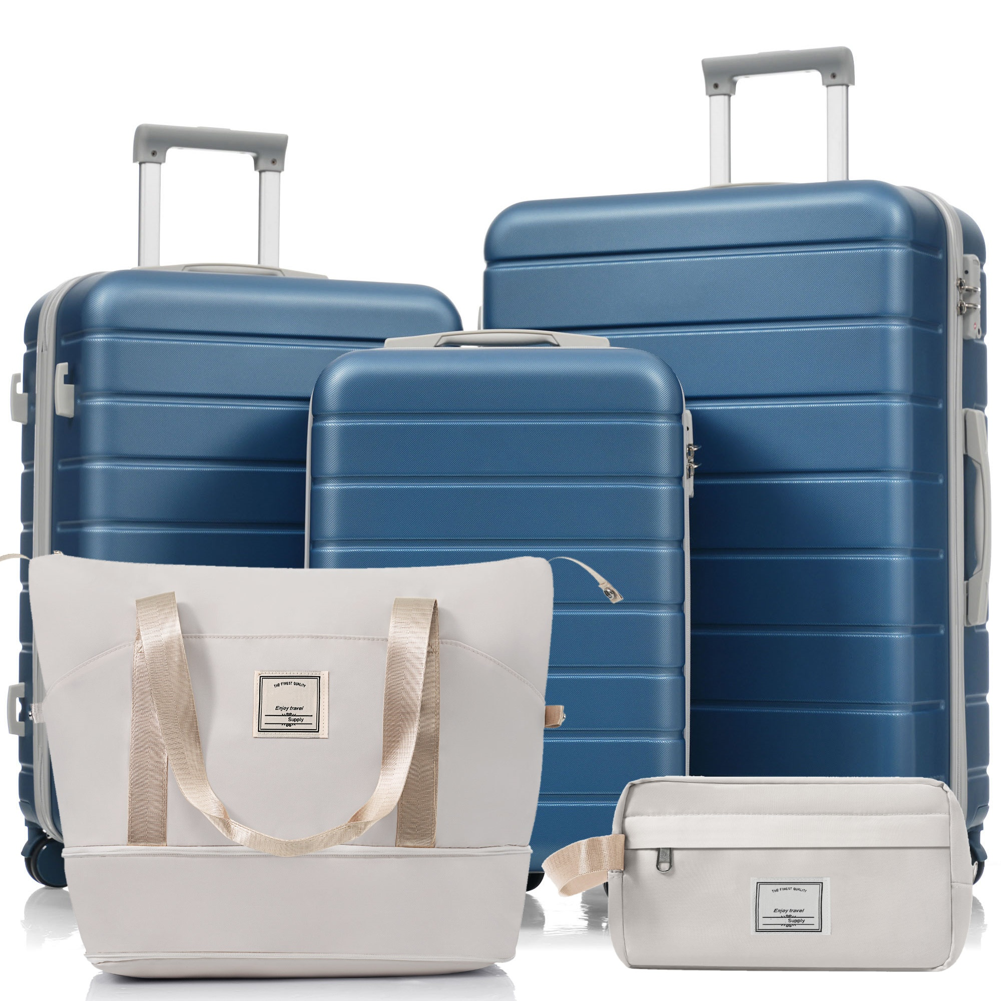 Vierteiliges Reisegepäck-Set. Enthält zwei blaue Koffer, eine cremefarbene Tragetasche und eine passende kleine Tasche, alles auf weißem Hintergrund.