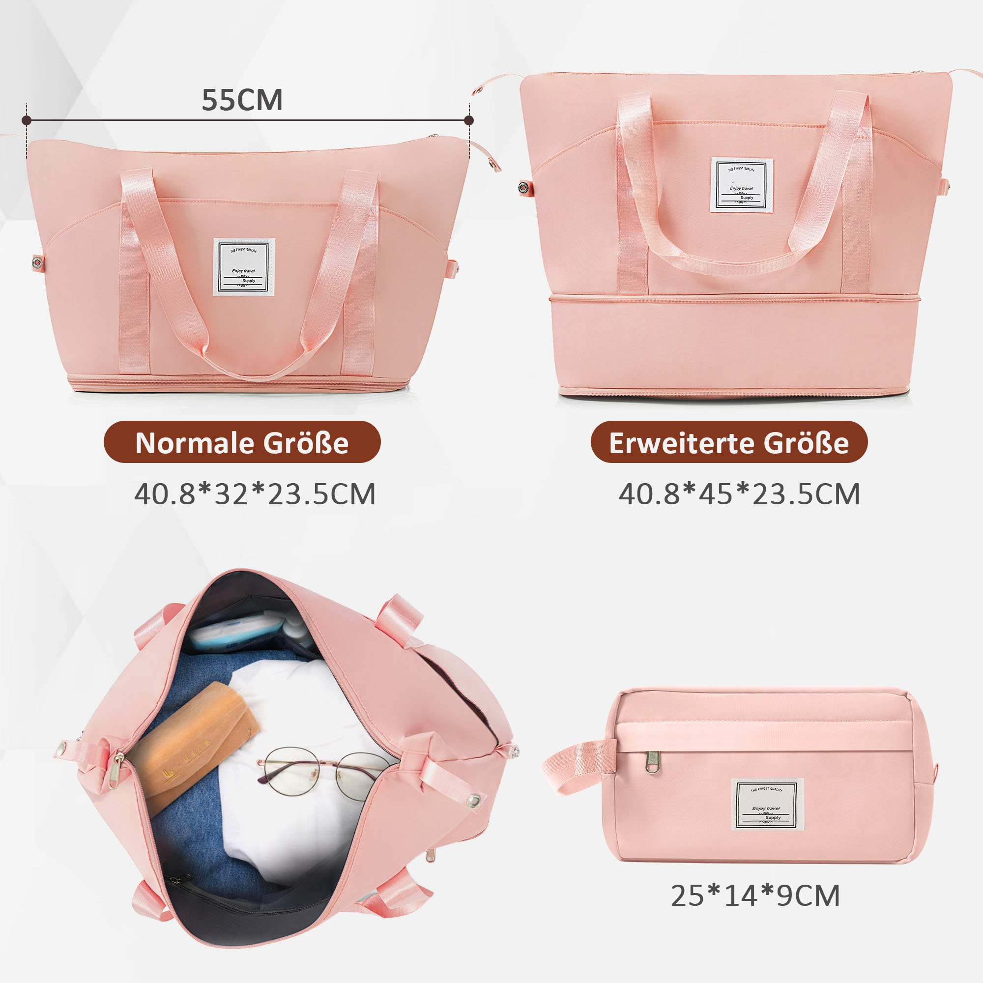 Rosa Reisetaschen. Eine geschlossen, zwei offen mit Inhalt und eine kleine Tasche. Abmessungen sind enthalten.