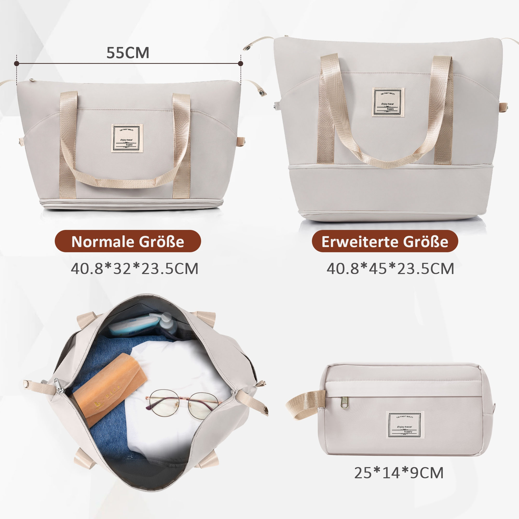 Das Bild zeigt eine beige Reisetasche in verschiedenen Ansichten, mit Abmessungen und Textbeschriftungen. Der Inhalt umfasst Kleidung, Brille und eine Tasche.